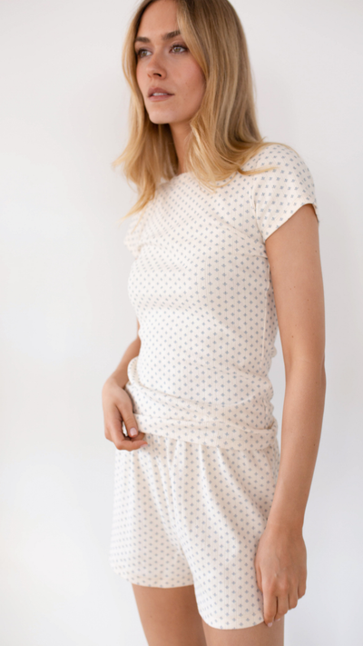 Pointelle Shorts - Ivory/Blue Marea Flower