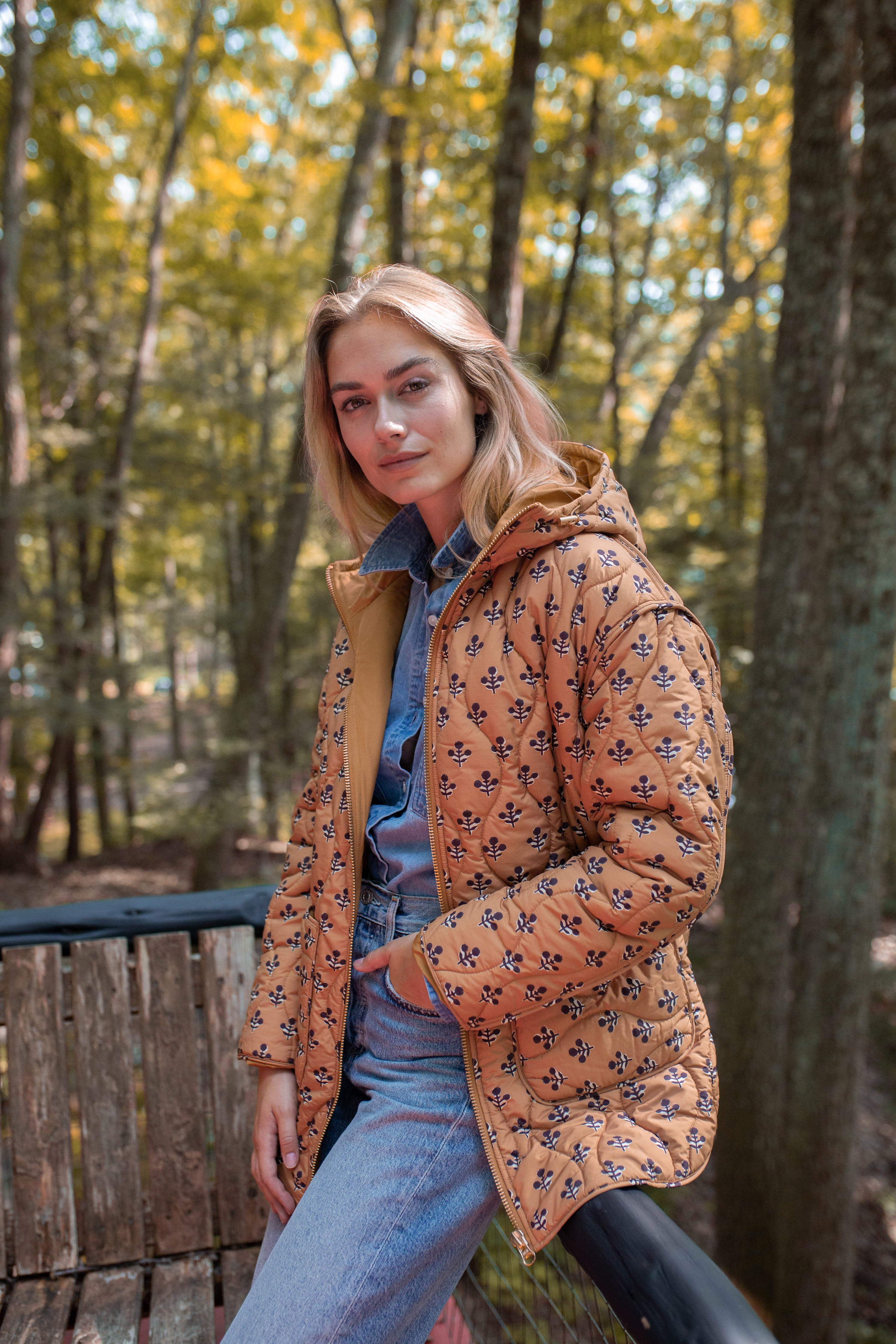 Printed Puffer Jacket - Camel Marea Flower – Marea by Liz Joy