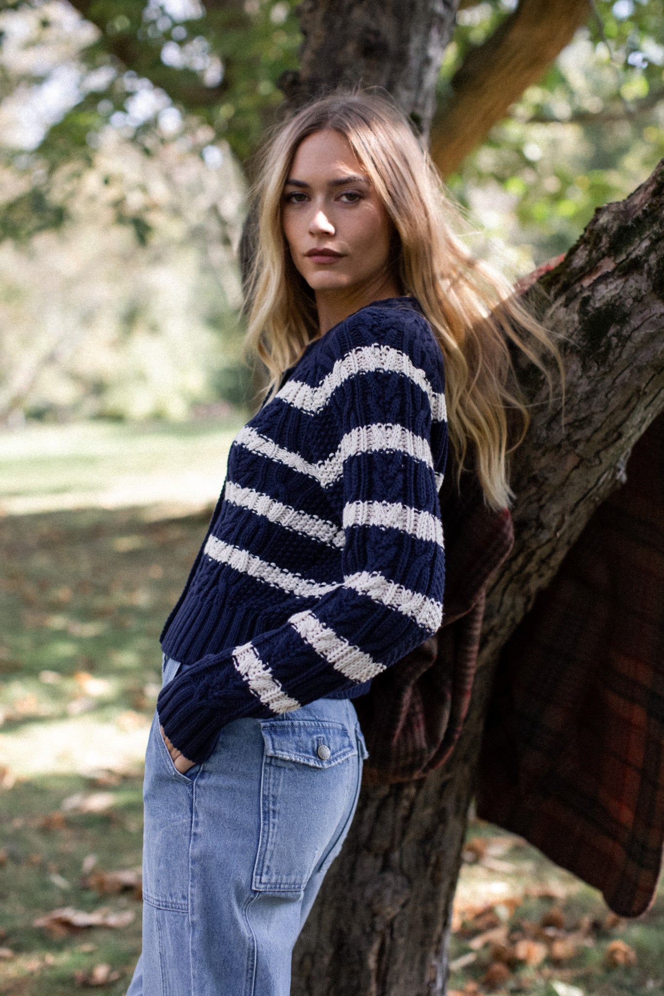 Striped Cable Cardigan - Navy/Ivory Stripe