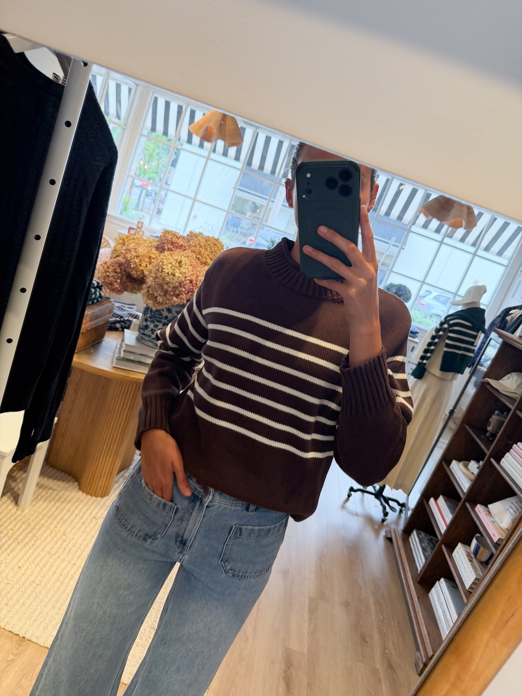 Millie Cotton Rollneck Sweater - Chocolate/Ivory Stripe