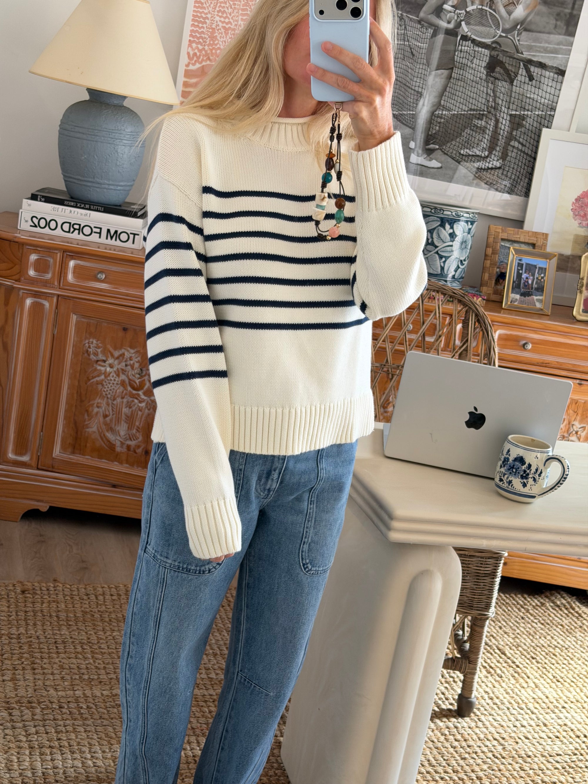 Millie Cotton Rollneck Sweater - Ivory/Navy Stripe