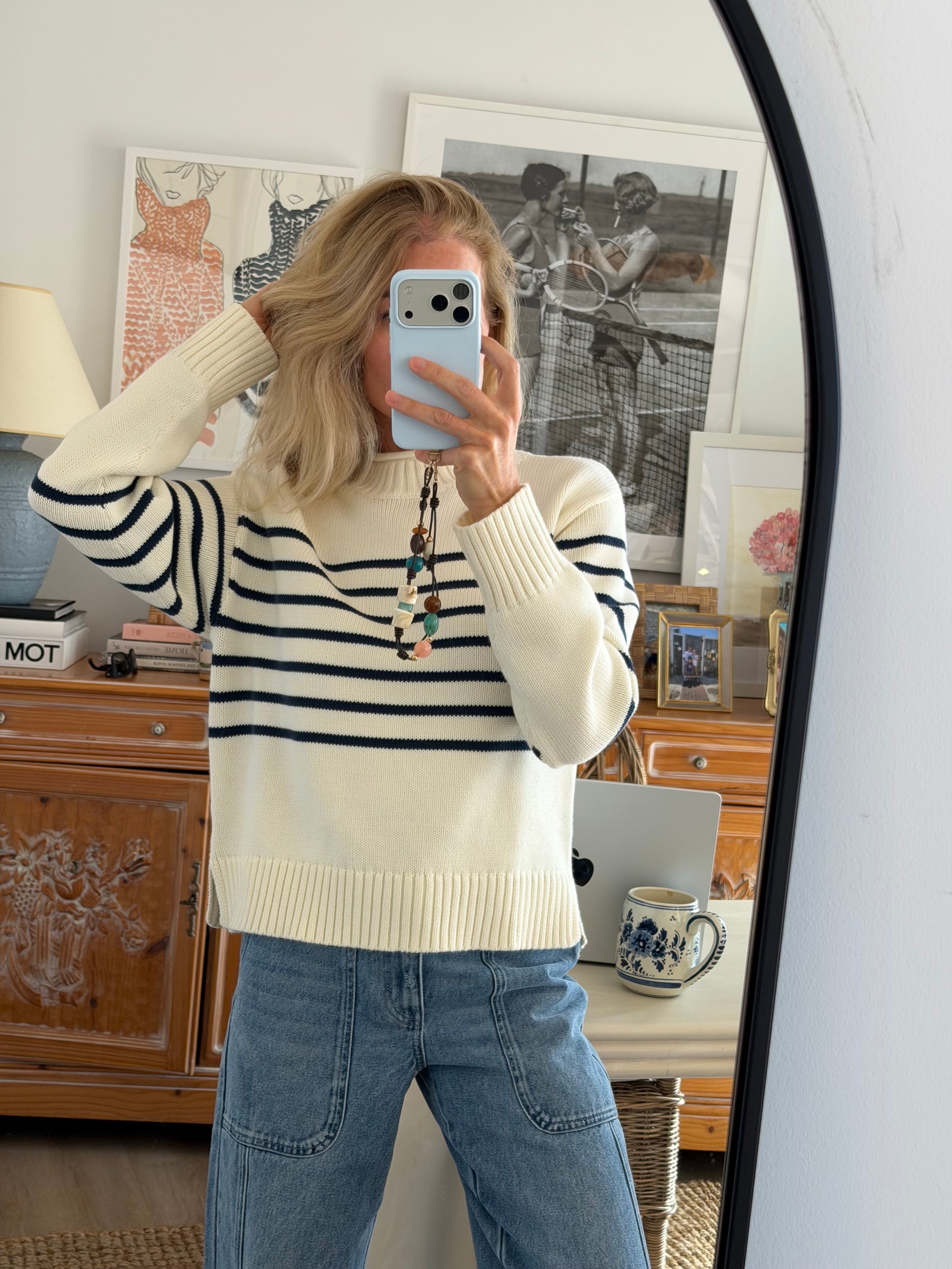 Millie Cotton Rollneck Sweater - Ivory/Navy Stripe