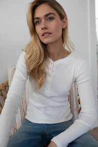 Pointelle Long Sleeve Henley - White
