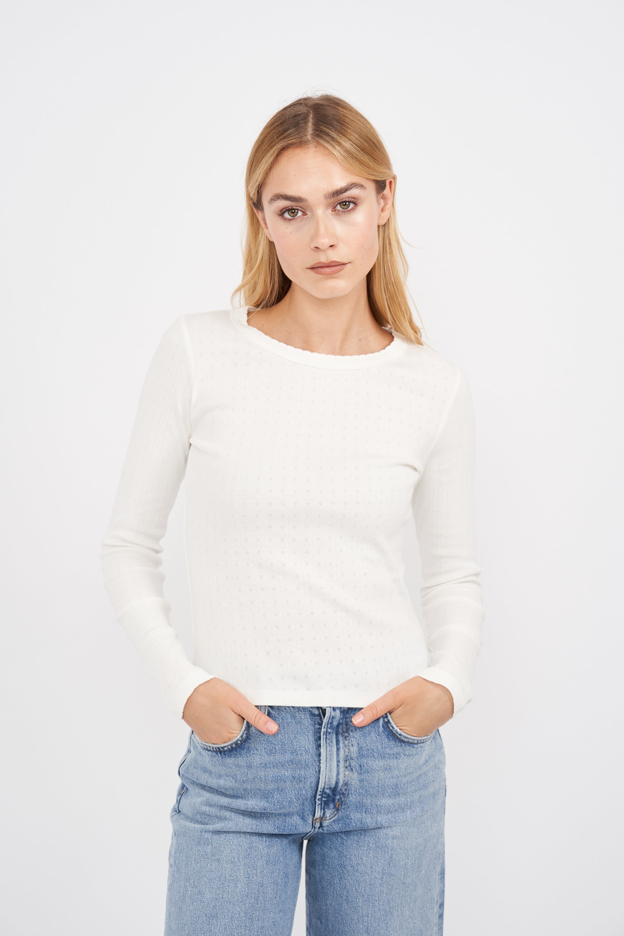Pointelle Long Sleeve Crewneck - White