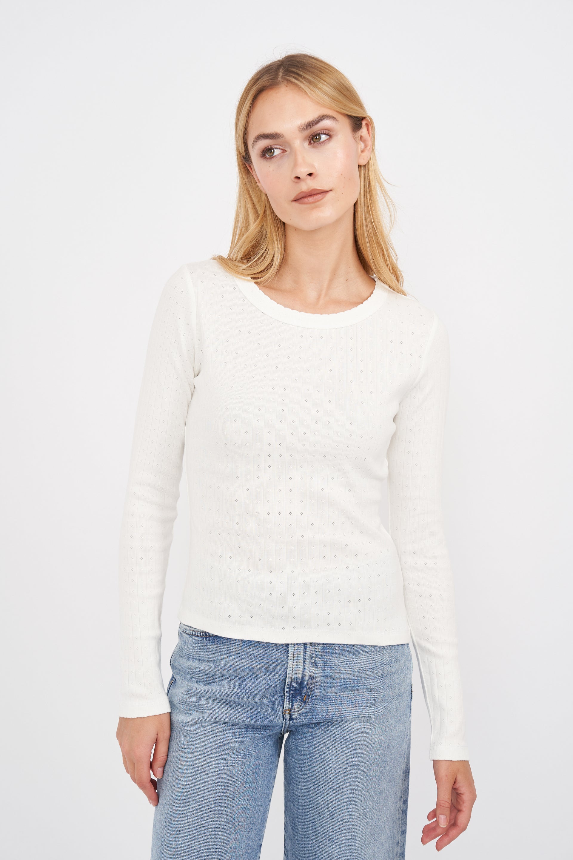 Pointelle Long Sleeve Crewneck - White – Marea by Liz Joy
