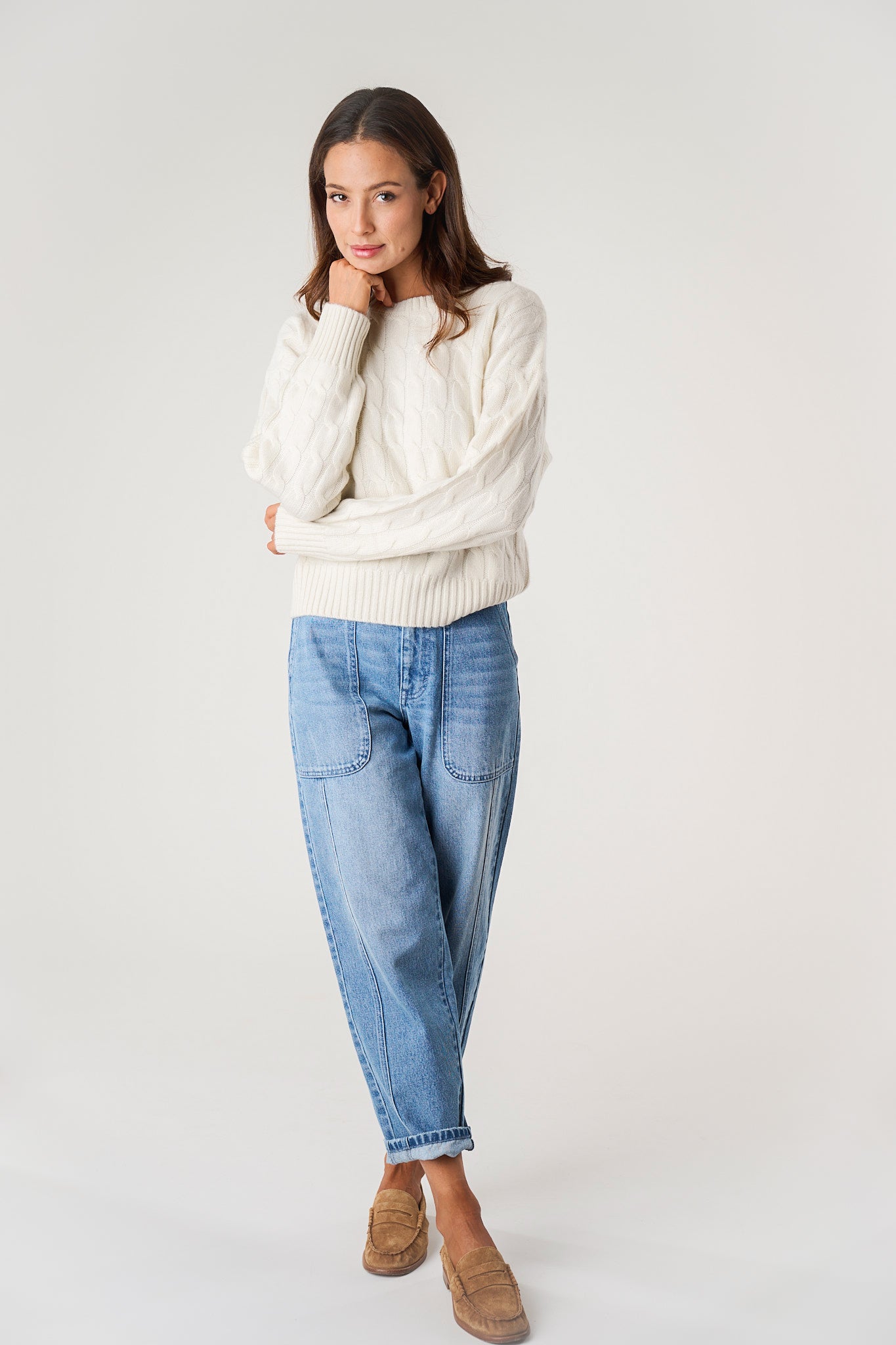 Slouchy Cable Knit Cashmere Sweater - Ivory
