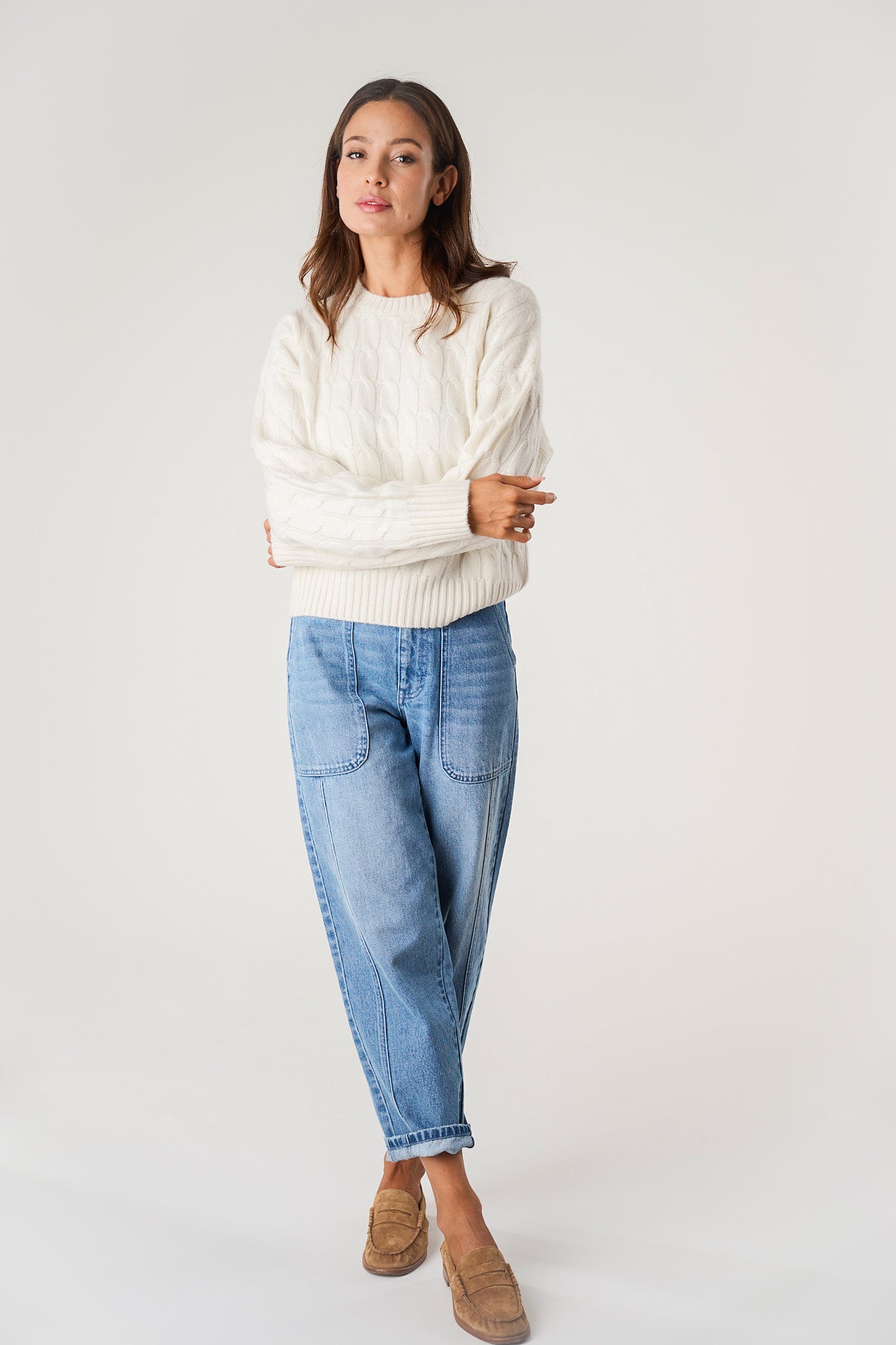 Slouchy Cable Knit Cashmere Sweater - Ivory