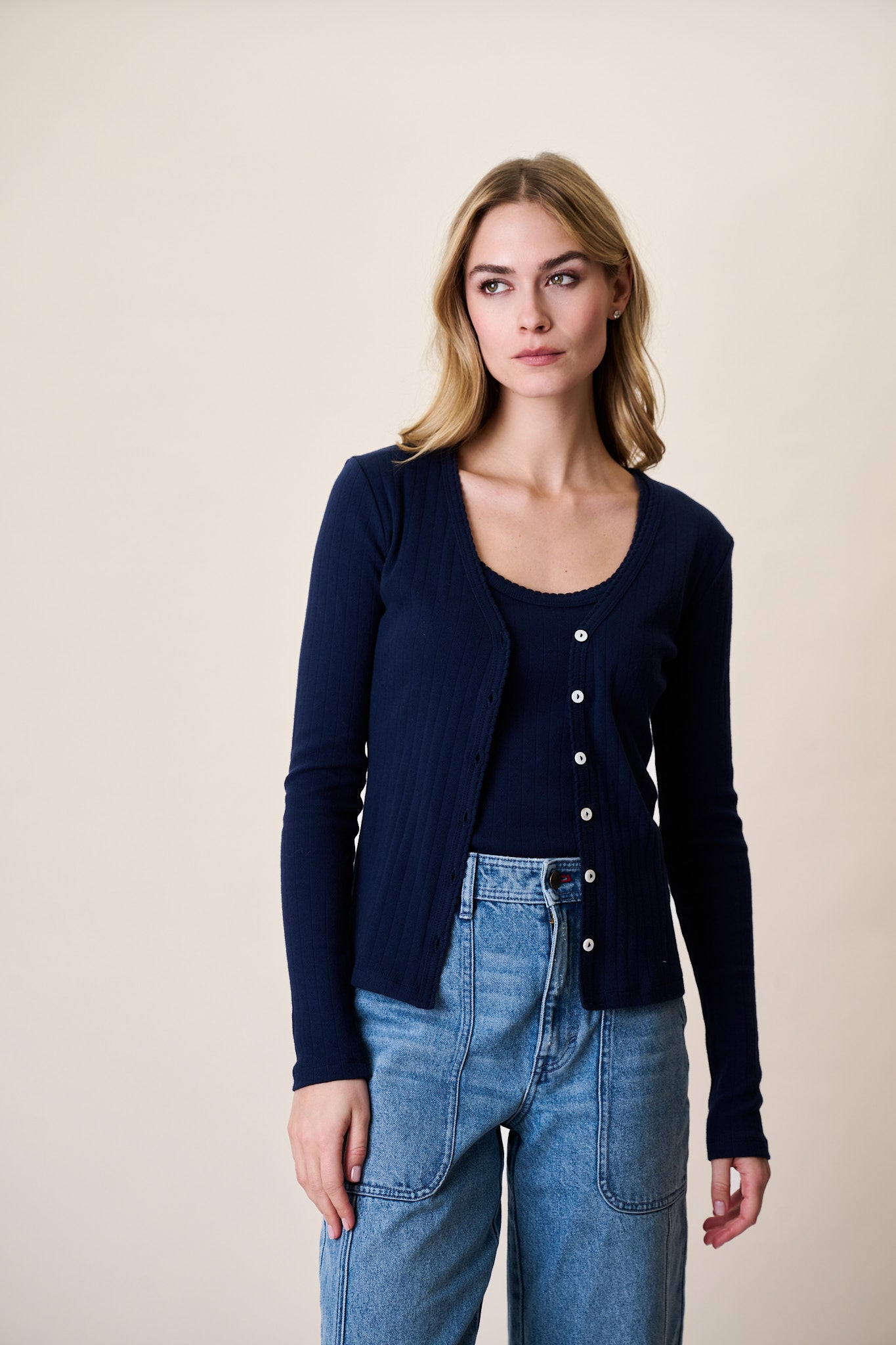 Pointelle Cardigan - Navy