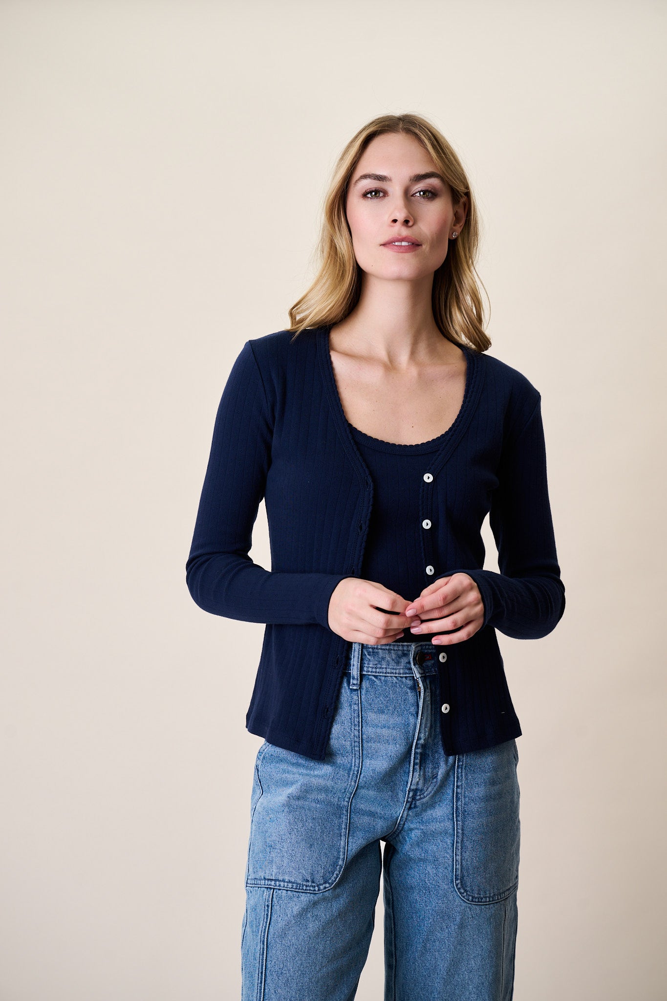 Pointelle Cardigan - Navy