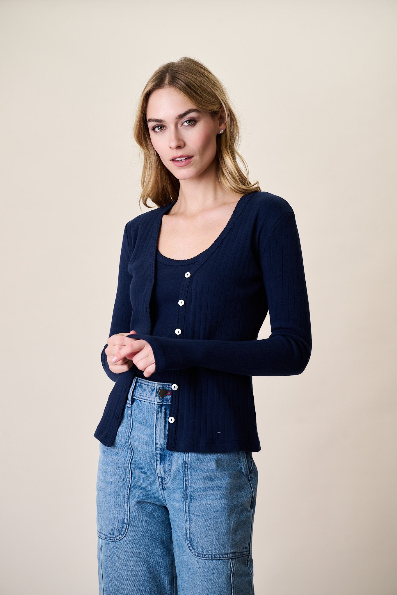 Pointelle Cardigan - Navy