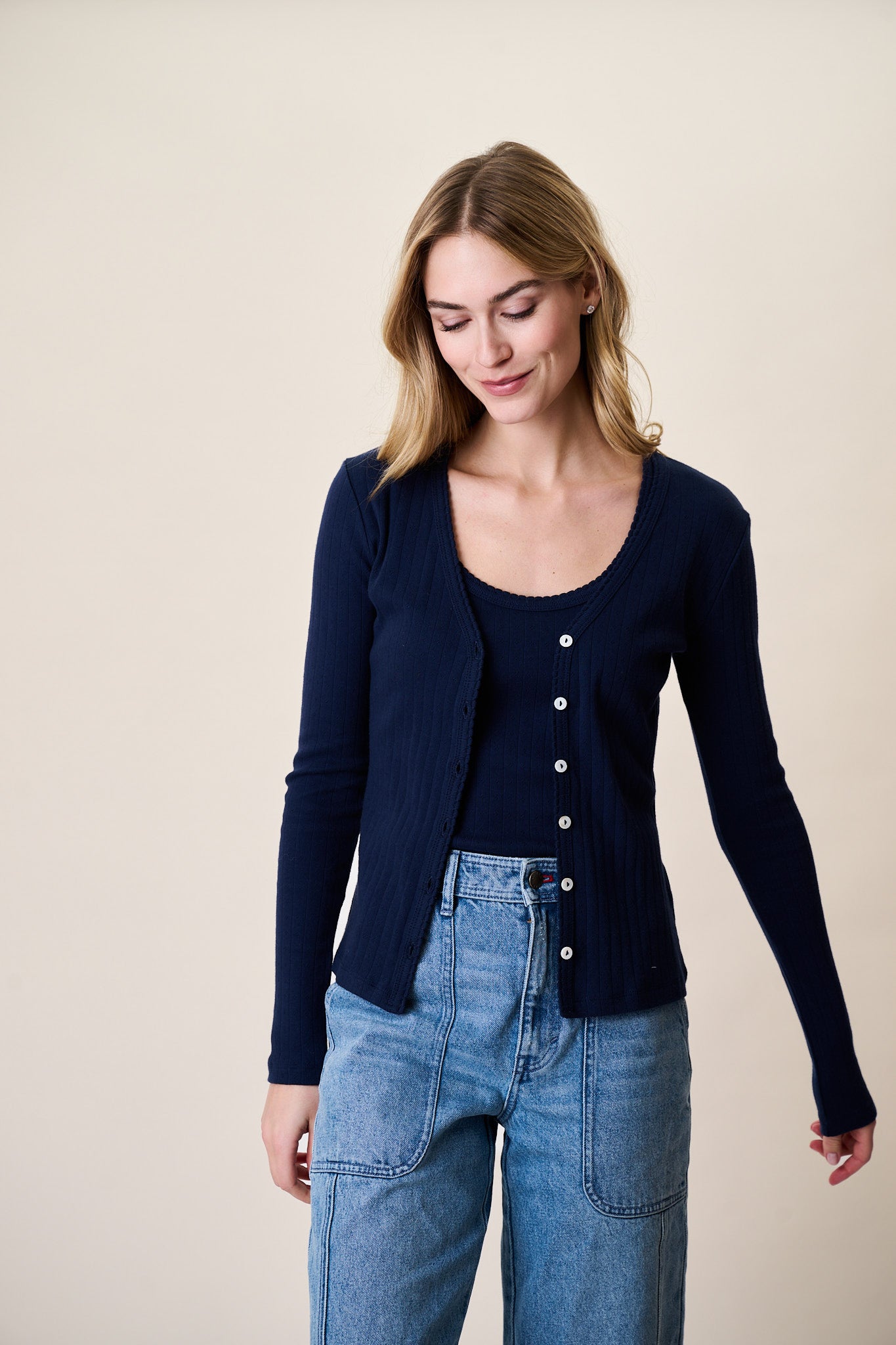 Pointelle Cardigan - Navy