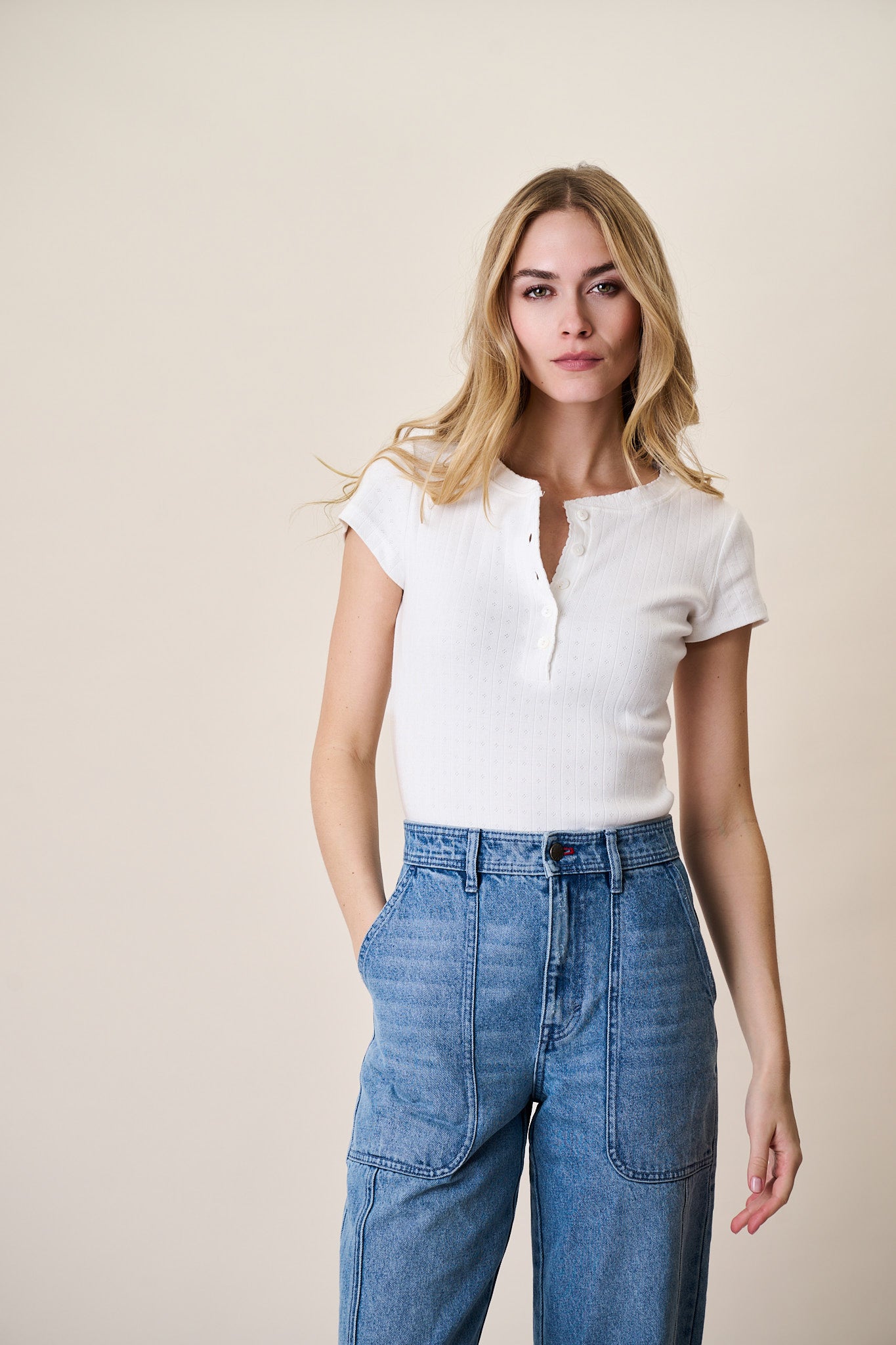 Pointelle Short Sleeve Henley - White