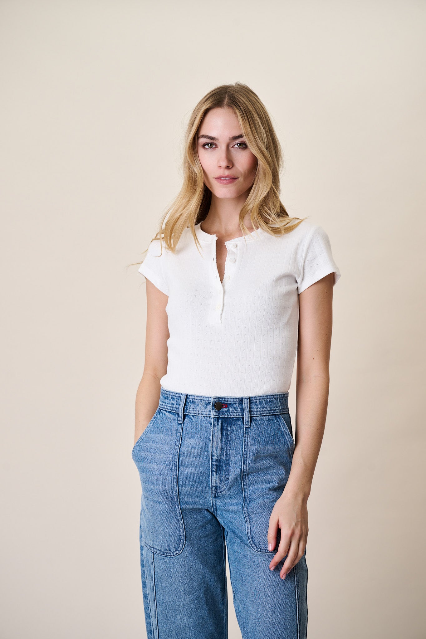 Pointelle Short Sleeve Henley - White