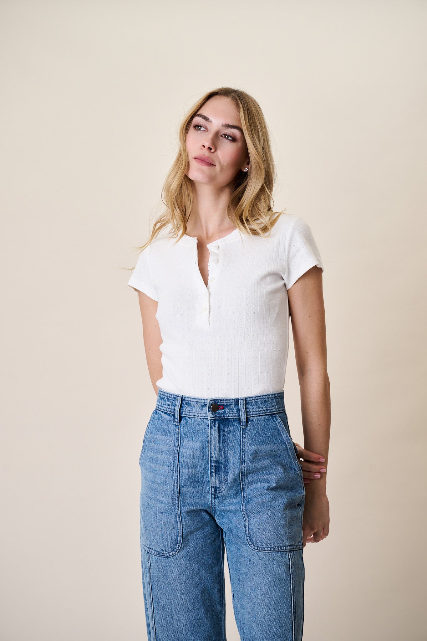 Pointelle Short Sleeve Henley - White