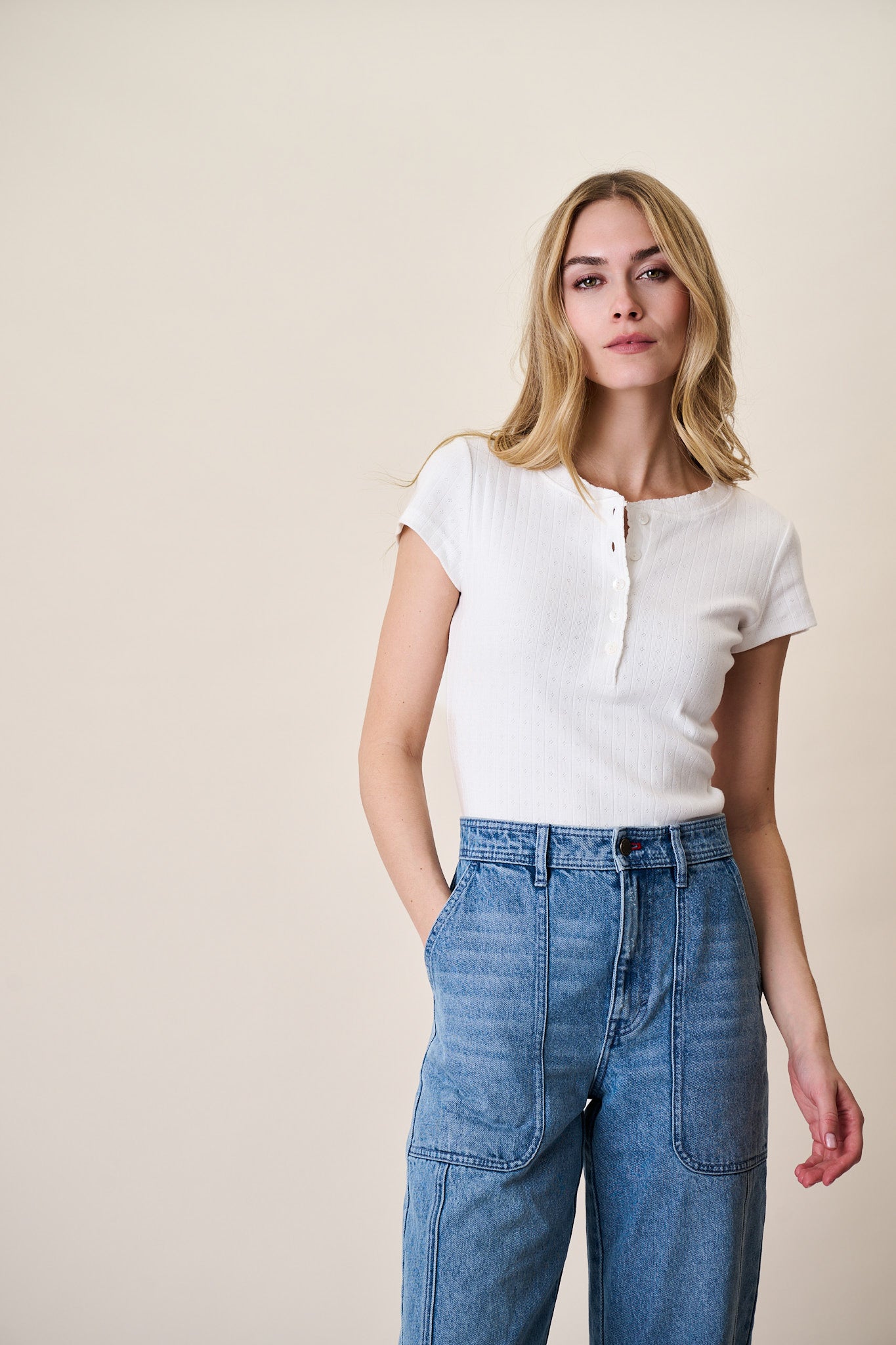 Pointelle Short Sleeve Henley - White