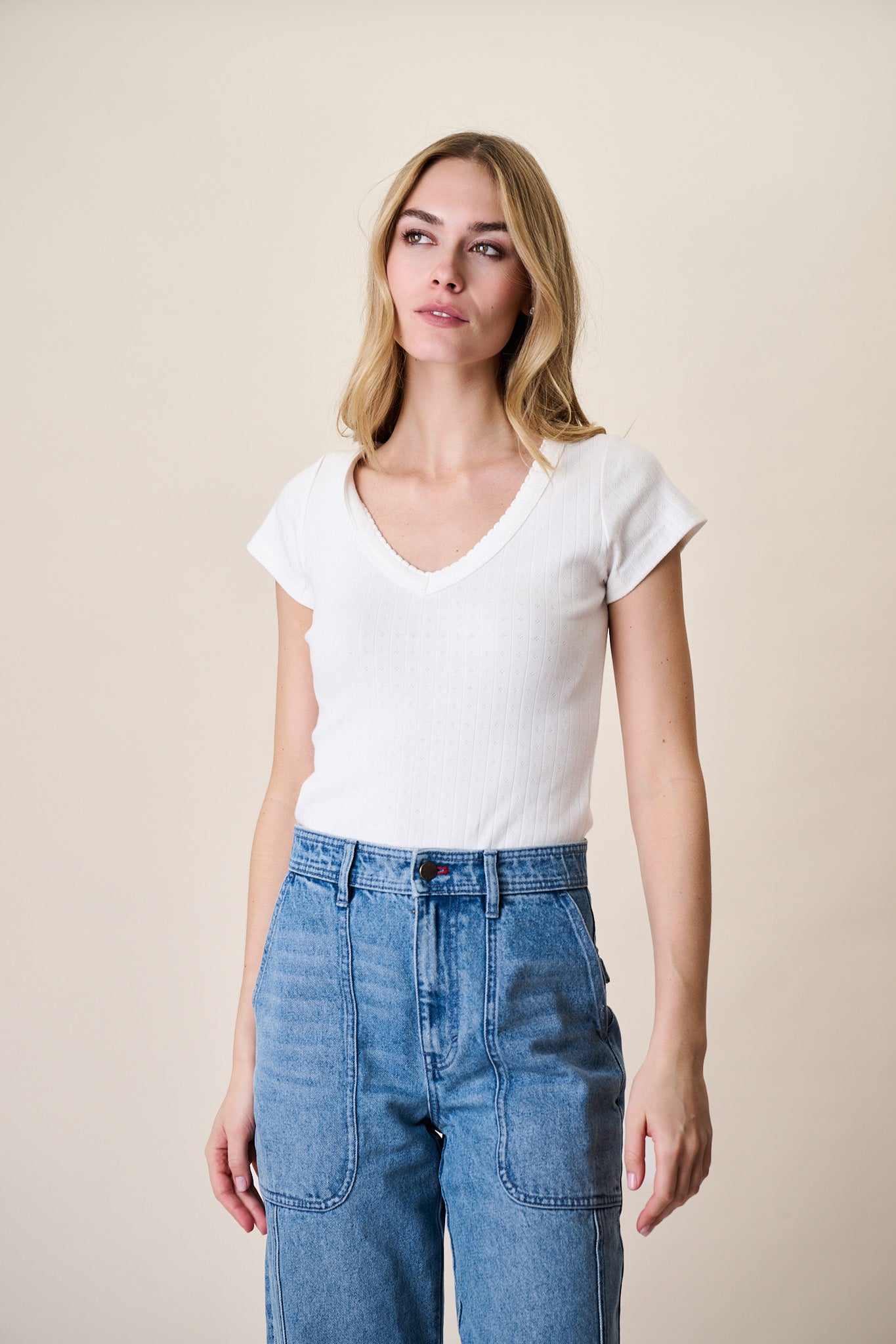 Pointelle V-Neck Tee - White