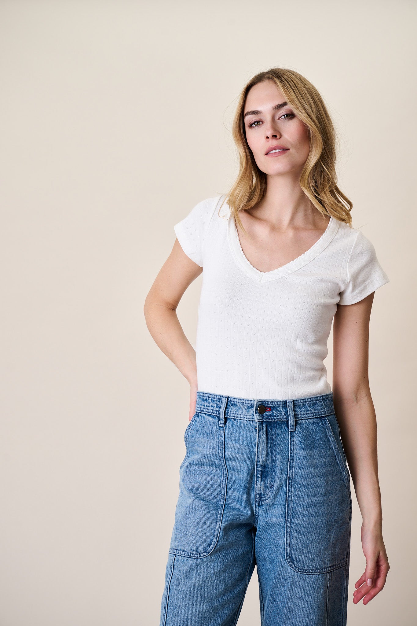 Pointelle V-Neck Tee - White