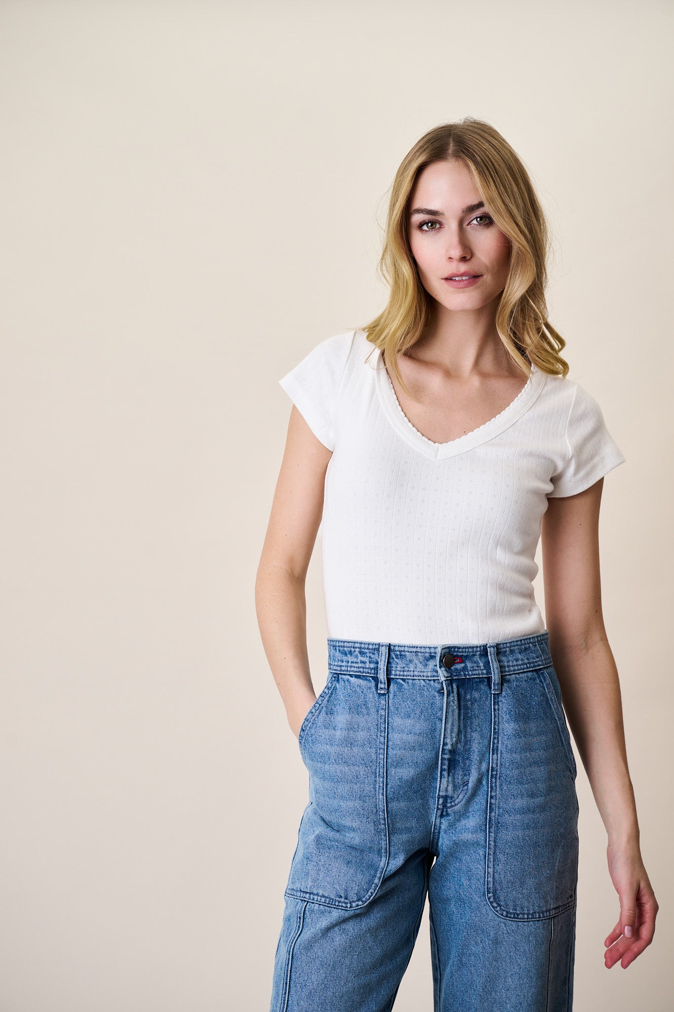 Pointelle Short Sleeve V-Neck - White
