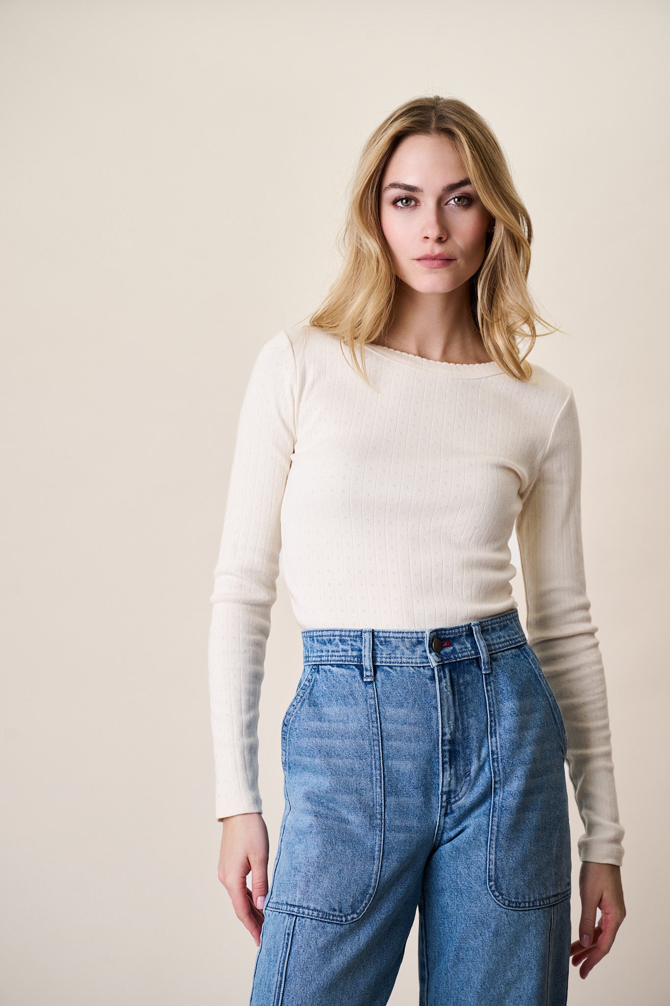 Pointelle Long Sleeve Crewneck - Ivory