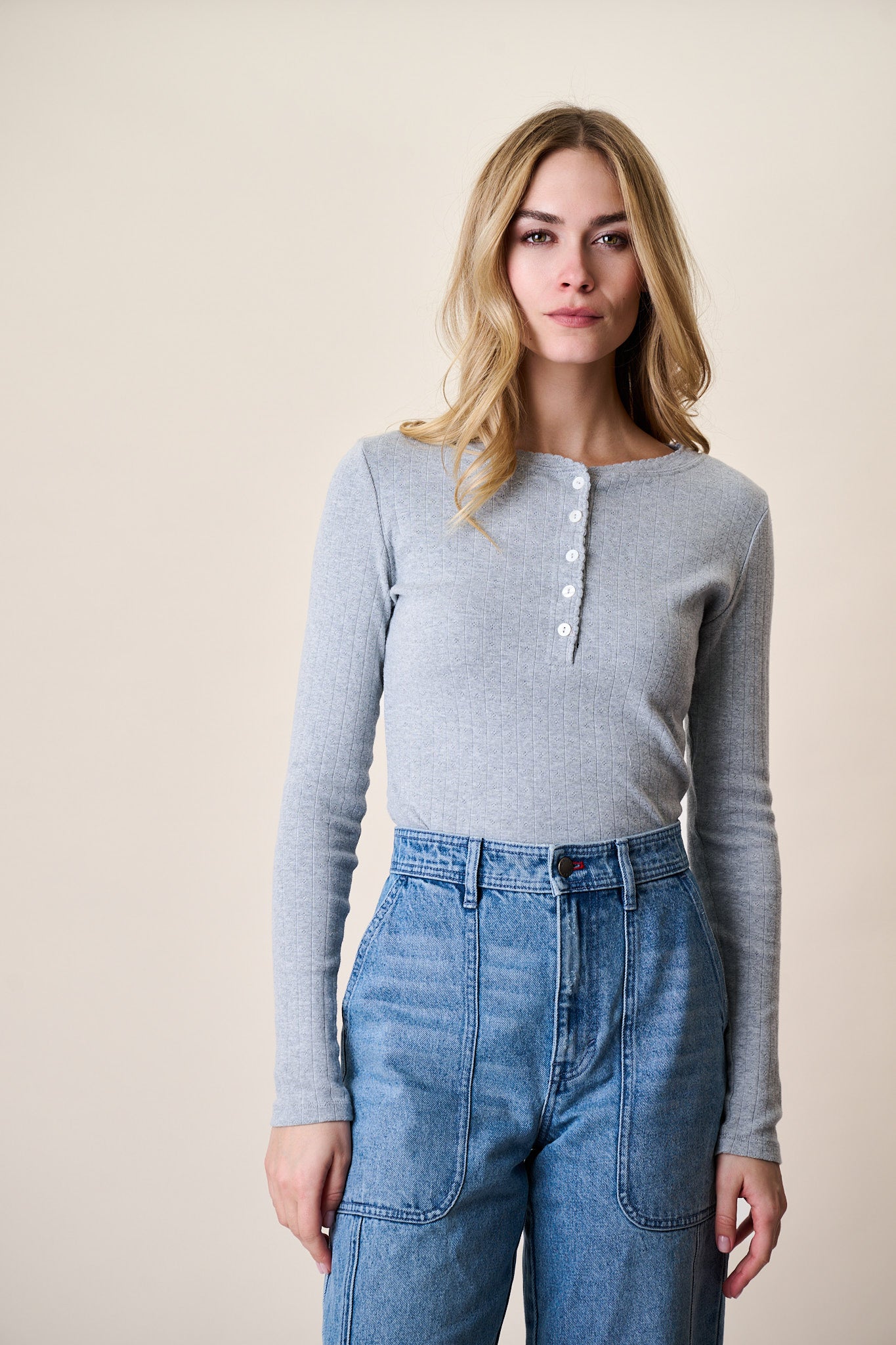 Pointelle Long Sleeve Henley - Grey