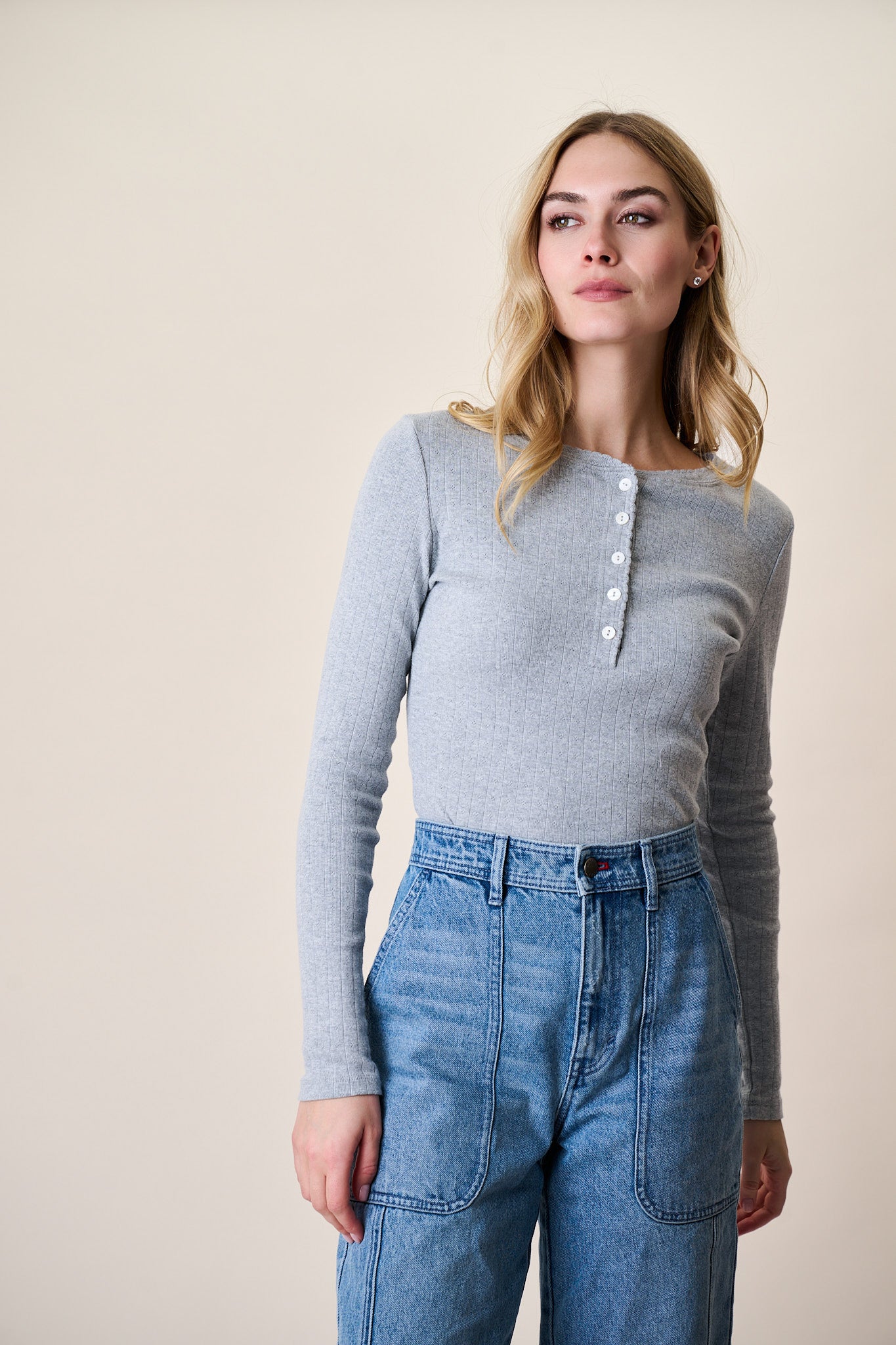 Pointelle Long Sleeve Henley - Grey