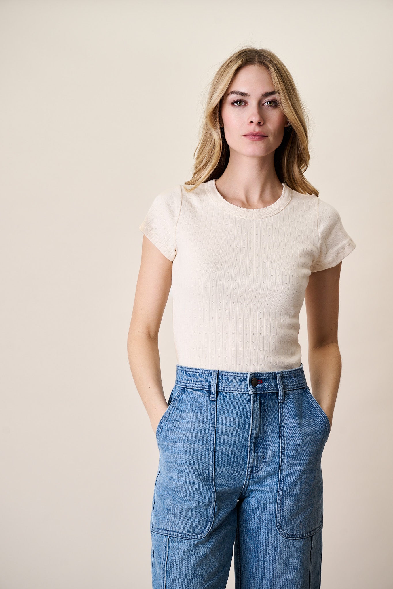 Pointelle Short Sleeve Crewneck - Ivory