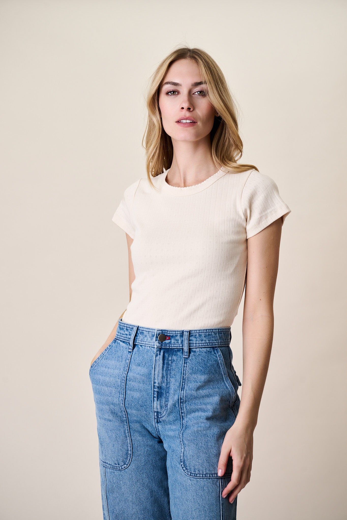 Pointelle Short Sleeve Crewneck - Ivory