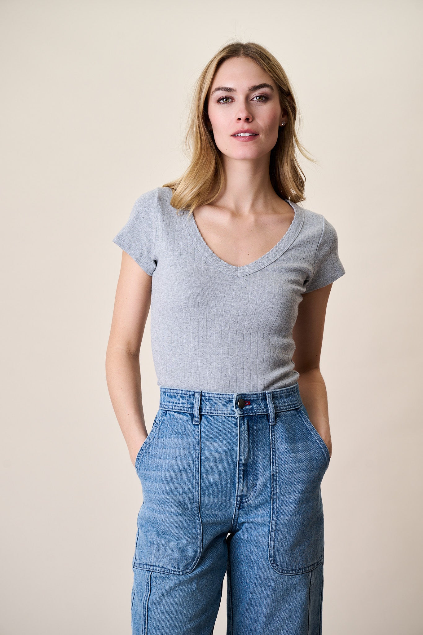 Pointelle V-Neck Tee - Grey