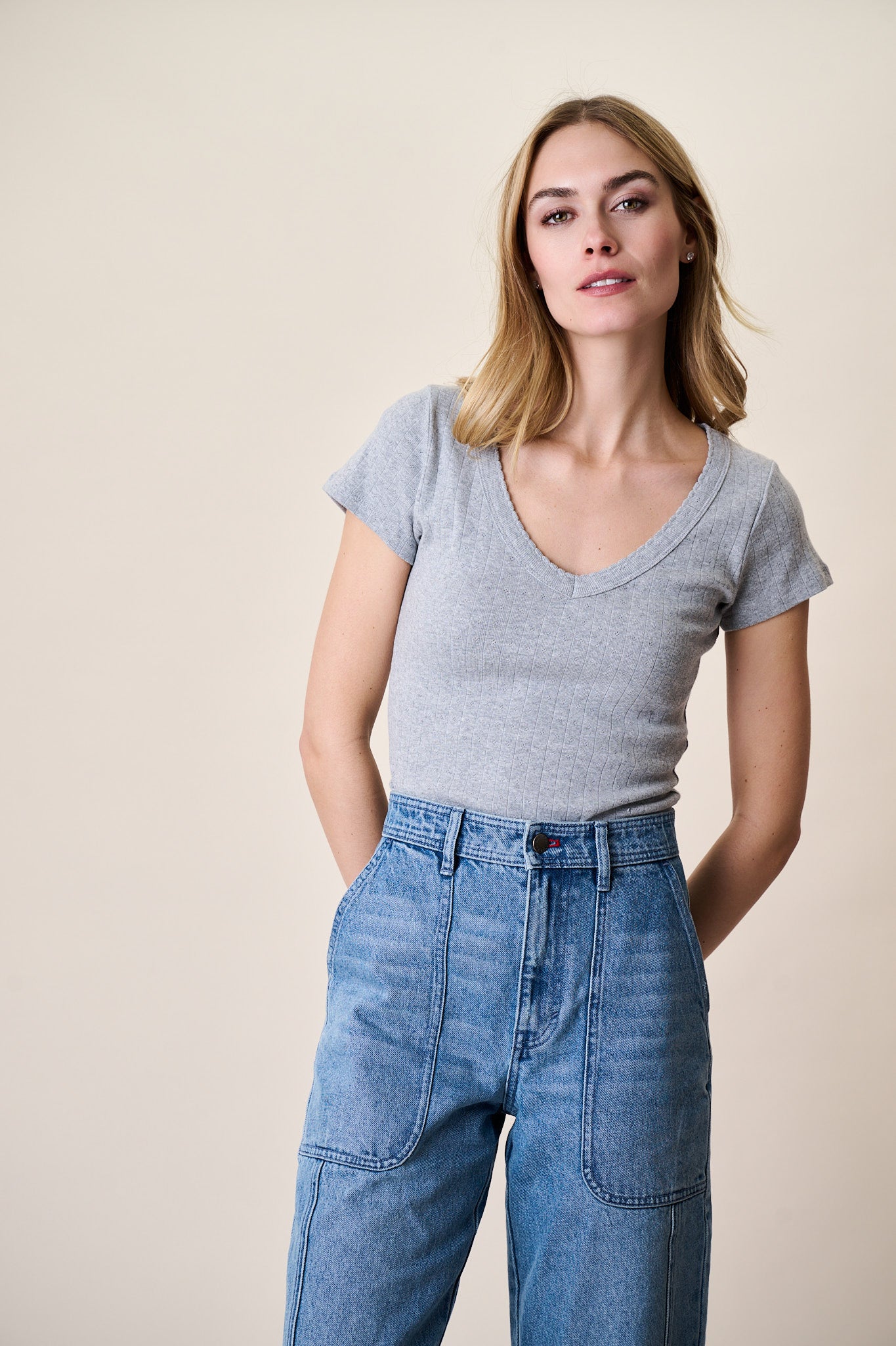 Pointelle V-Neck Tee - Grey