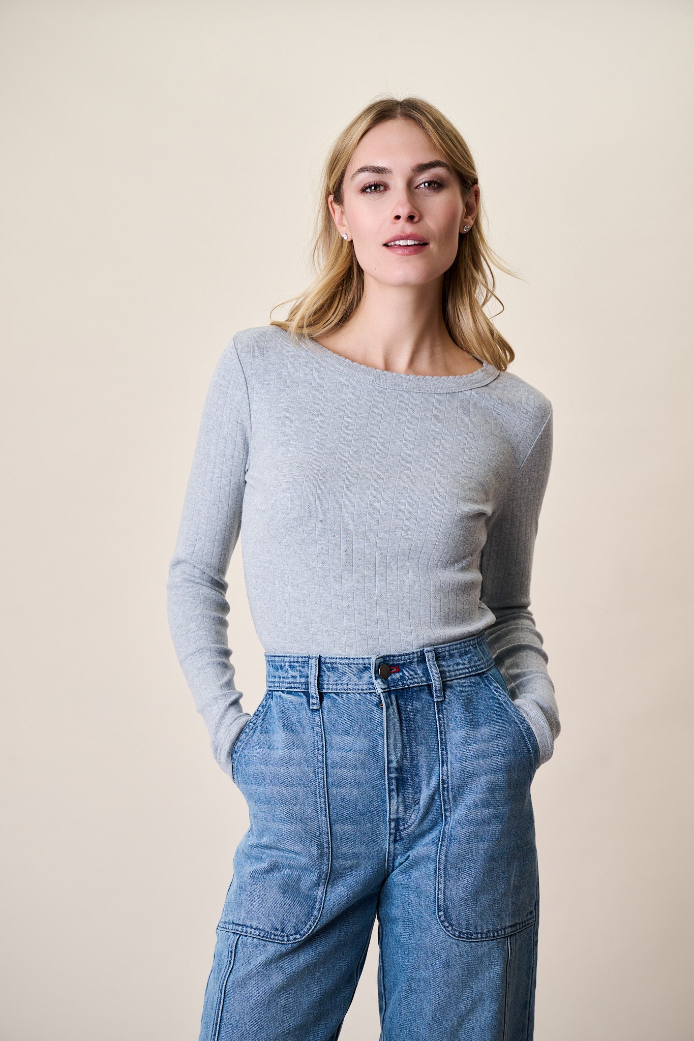 Pointelle Long Sleeve Crewneck - Grey