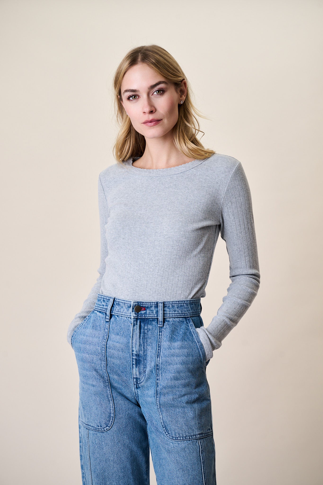 Pointelle Long Sleeve Crewneck - Grey