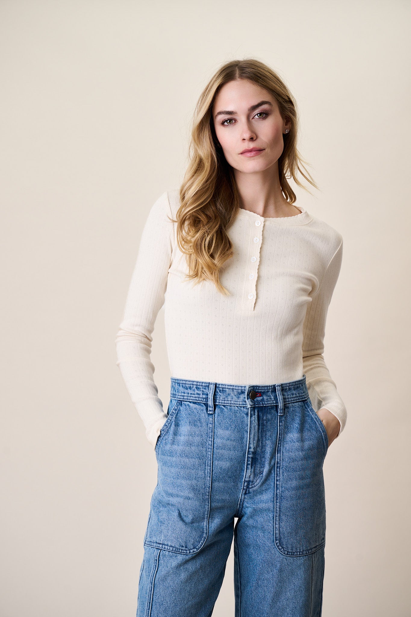 Pointelle Long Sleeve Henley - Ivory
