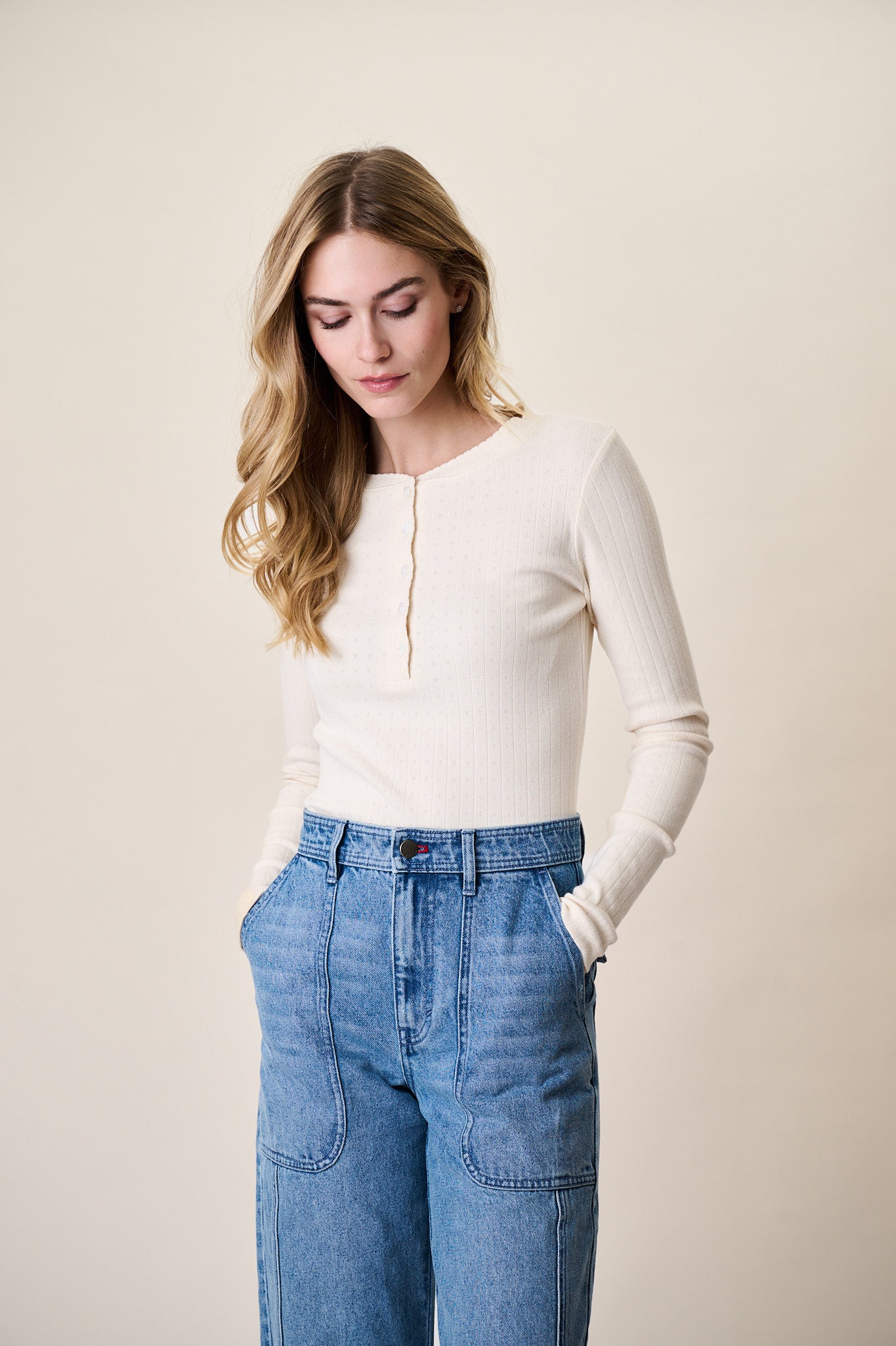 Pointelle Long Sleeve Henley - Ivory