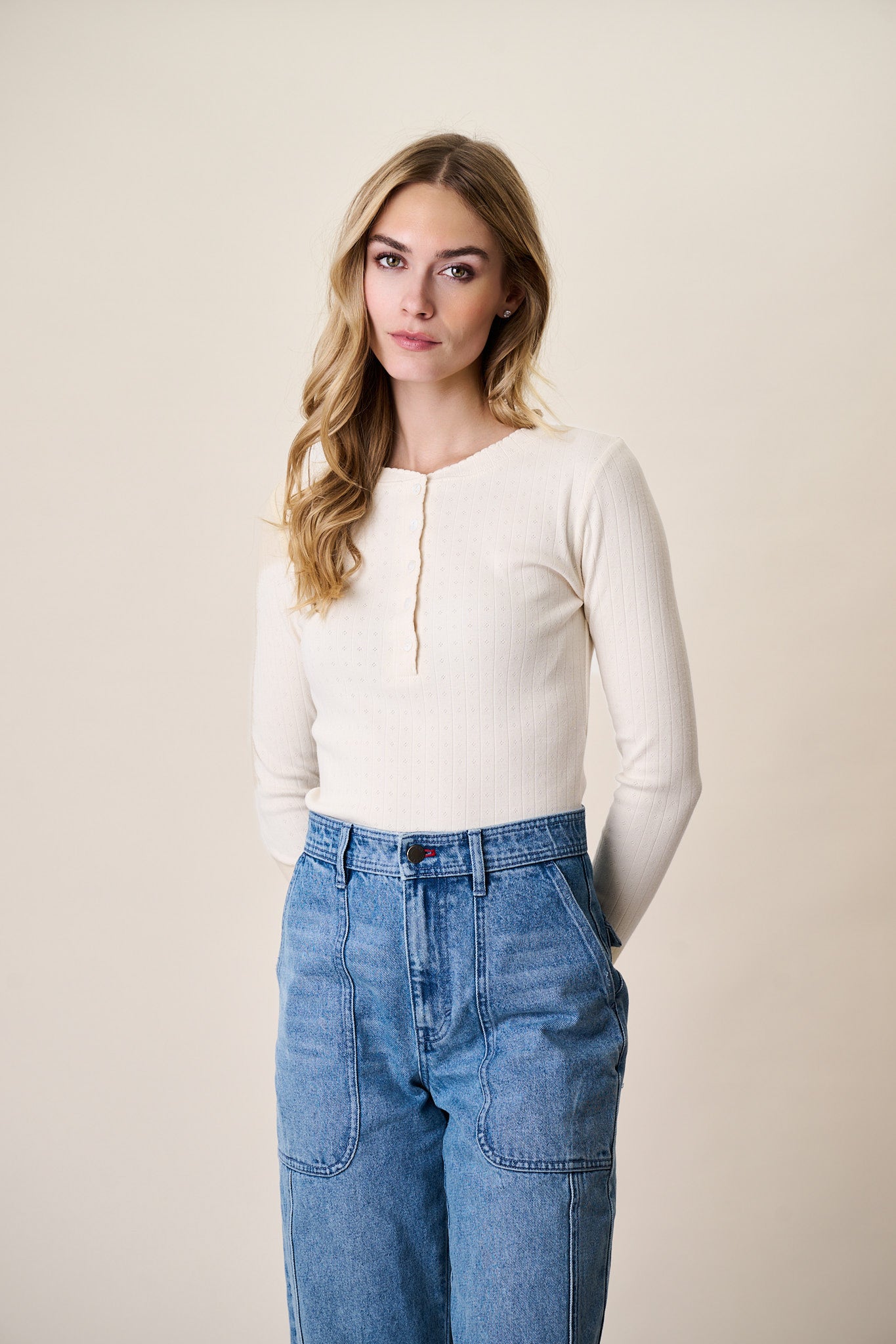 Pointelle Long Sleeve Henley - Ivory