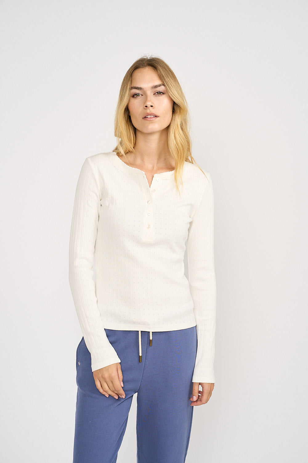 Pointelle Long Sleeve Henley - White