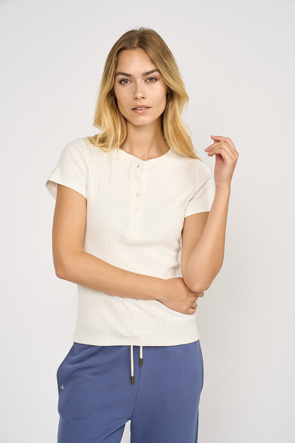Pointelle Short Sleeve Henley - White