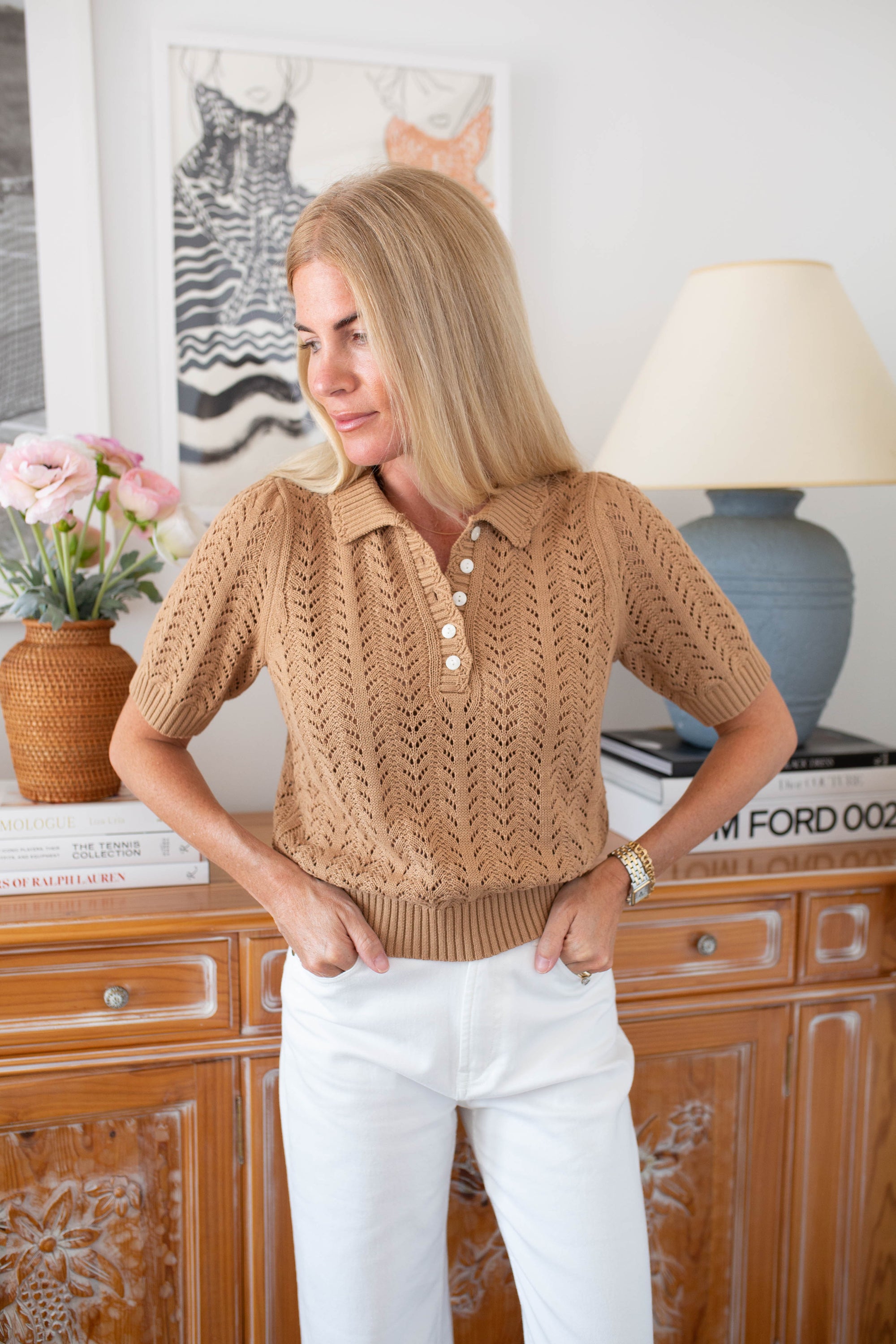 Pointelle Short Sleeve Polo - Dune