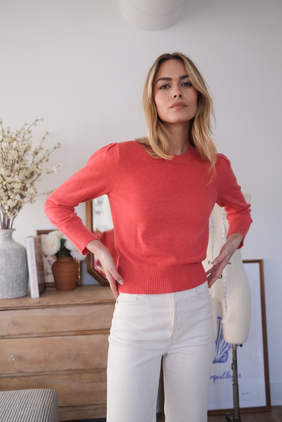 Puff Sleeve Crewneck Sweater - Coral