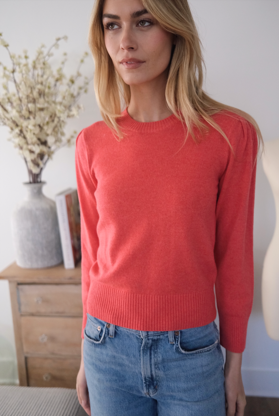 Puff Sleeve Crewneck Sweater - Coral