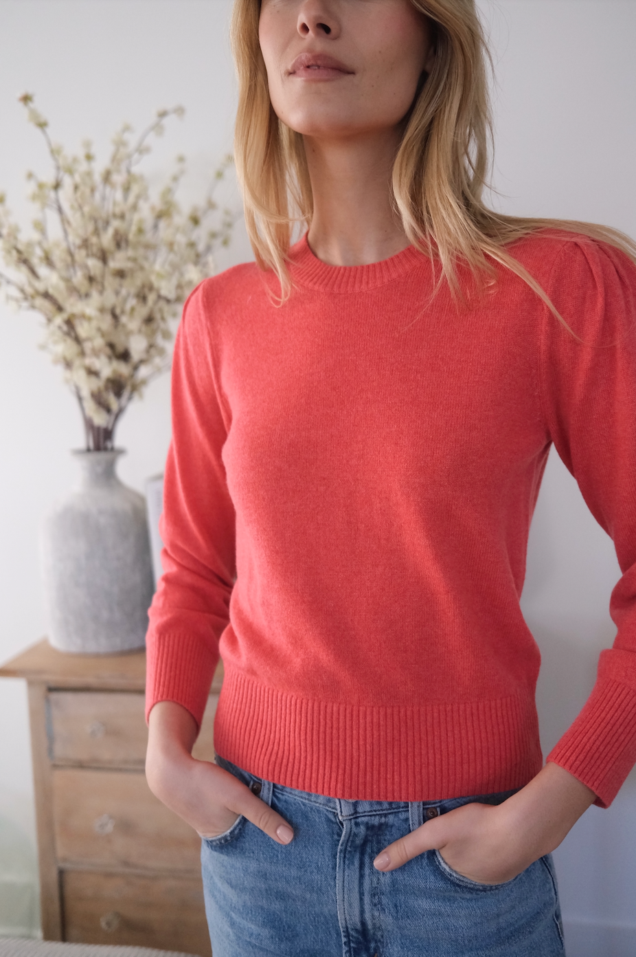 Puff Sleeve Crewneck Sweater - Coral