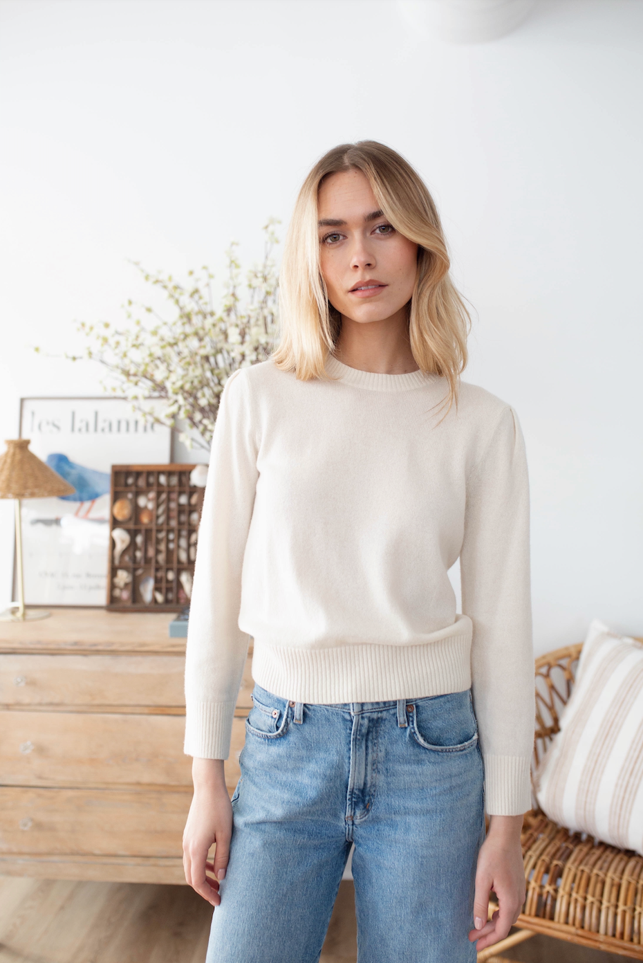 Puff Sleeve Crewneck Sweater - Ivory