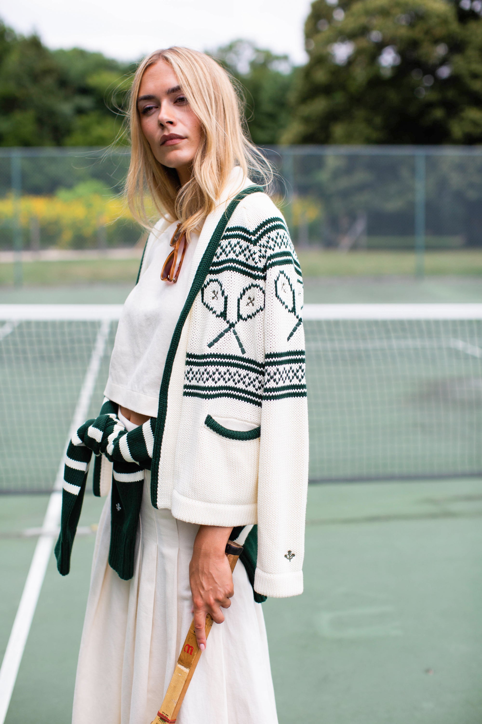 Marea Shawl Cardigan in Intarsia Tennis  - Ivory