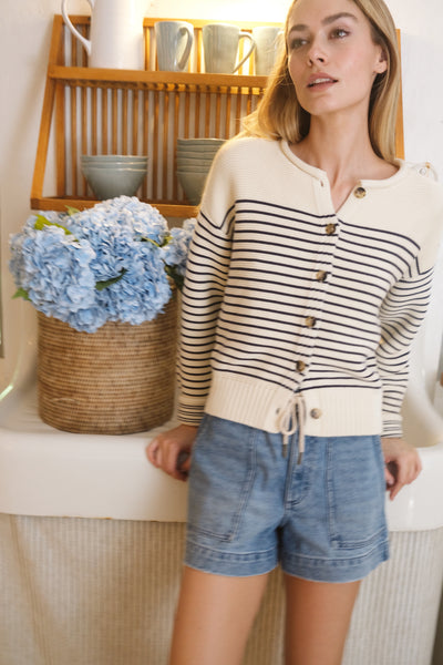 Martha Cardigan - Ivory/Navy Stripe