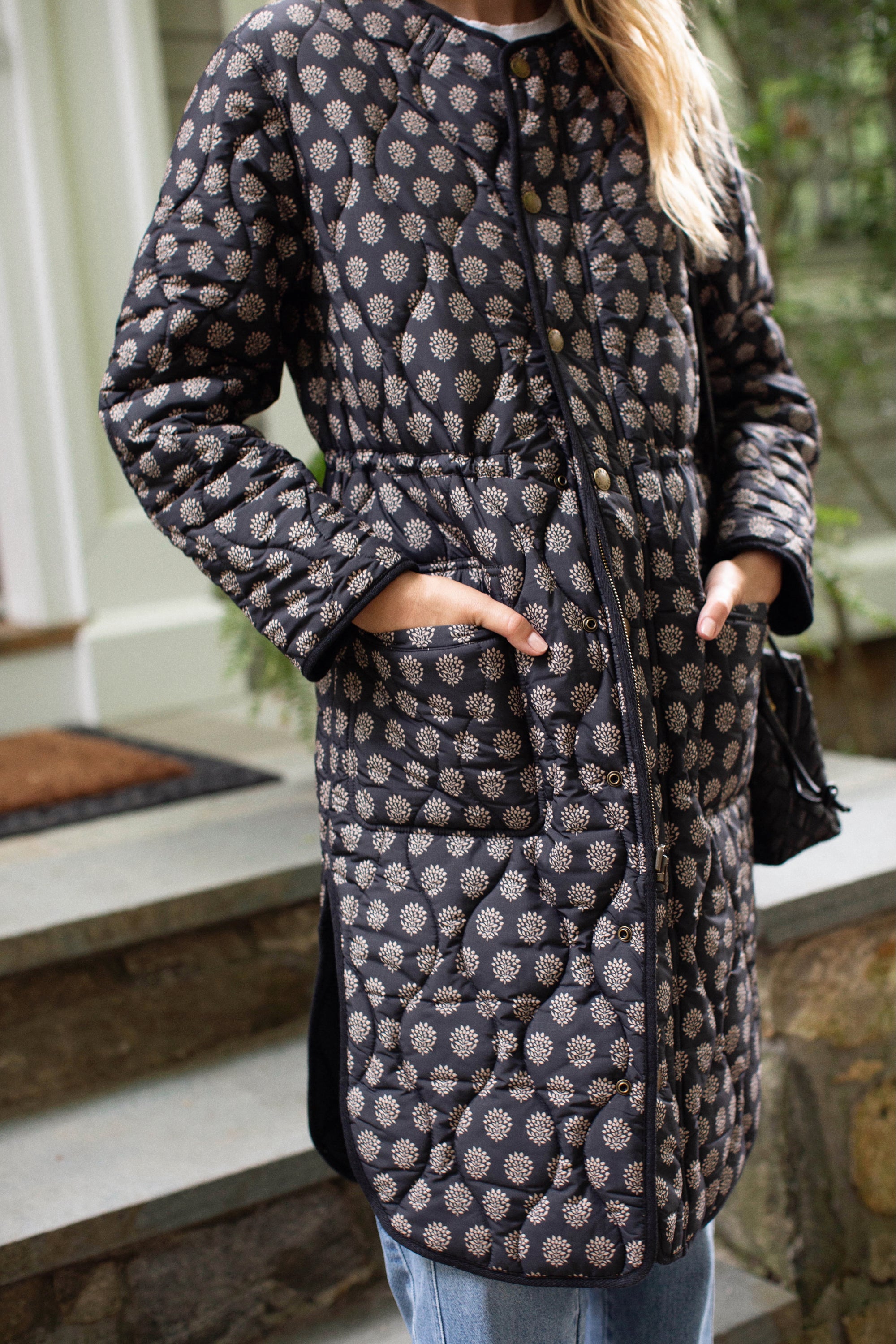 Reversible Quilted Coat - Black Mini Meadow