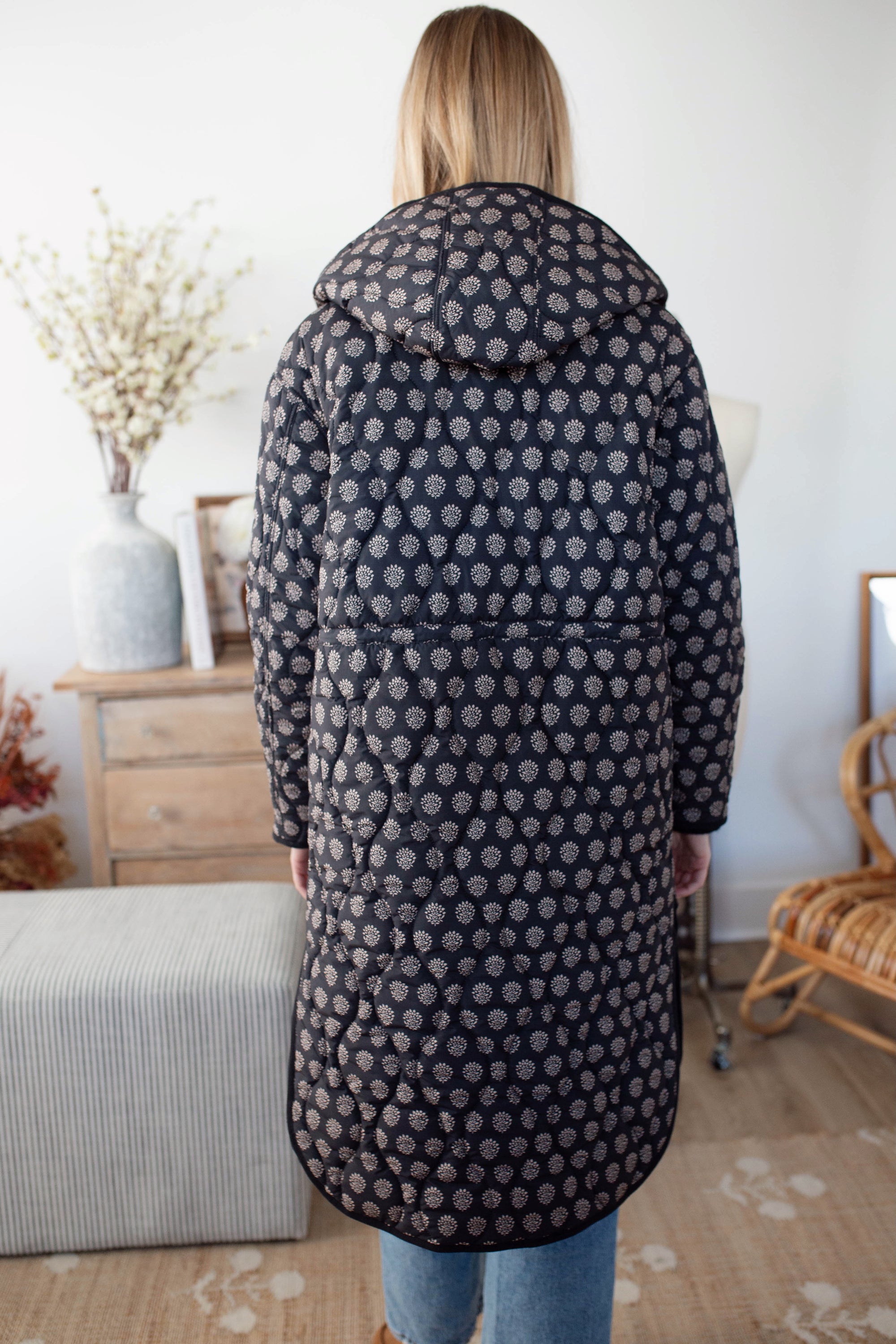 Reversible Quilted Coat - Black Mini Meadow
