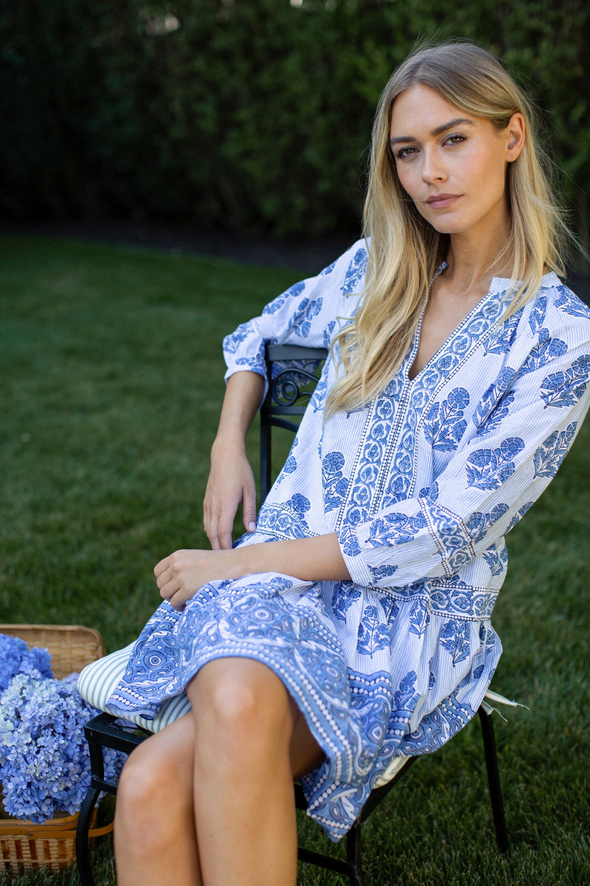 Jeanine Dress - Indigo Striped Hollyhock