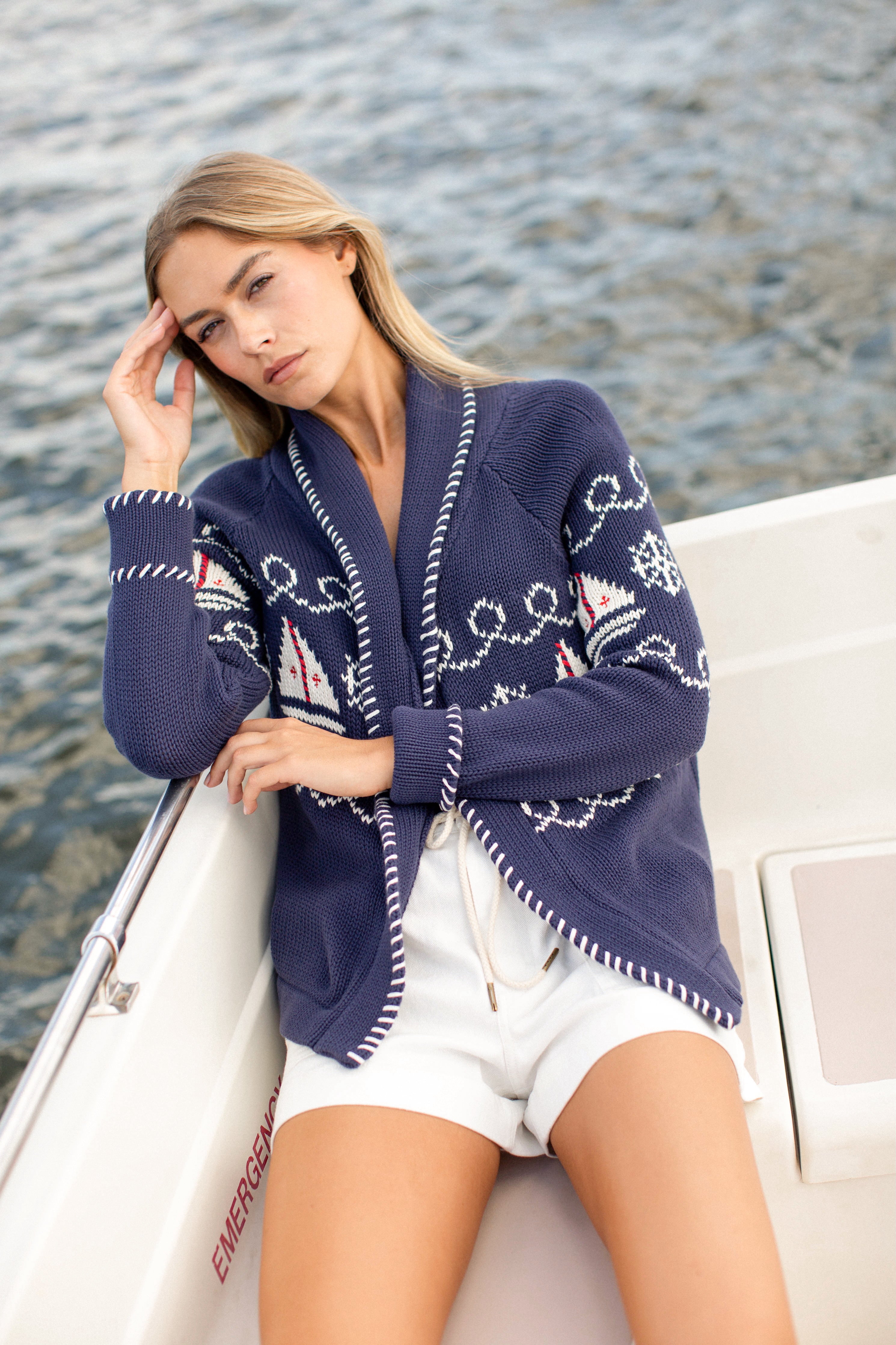 Marea Shawl Cardigan in Nautical Intarsia – Navy – Marea by Liz Joy