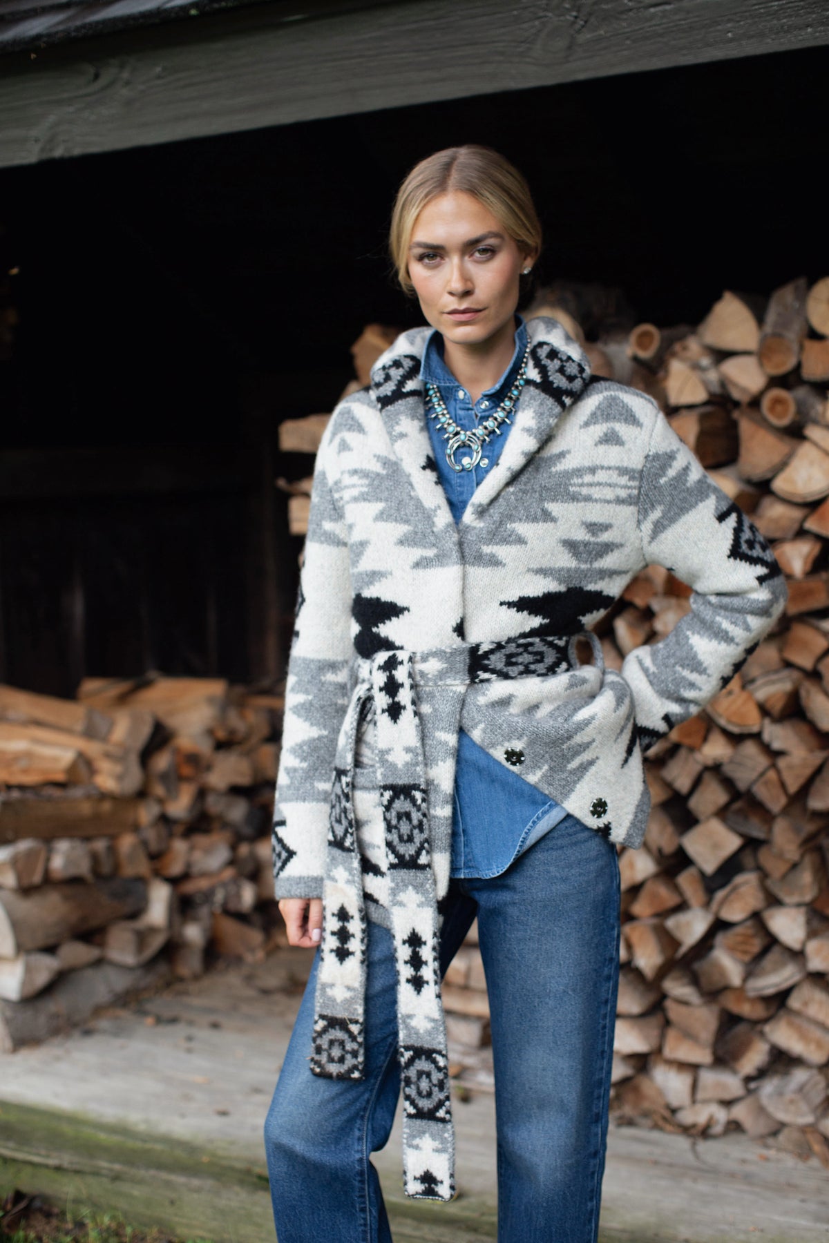 Sedona Sweater Coat - Grey Intarsia