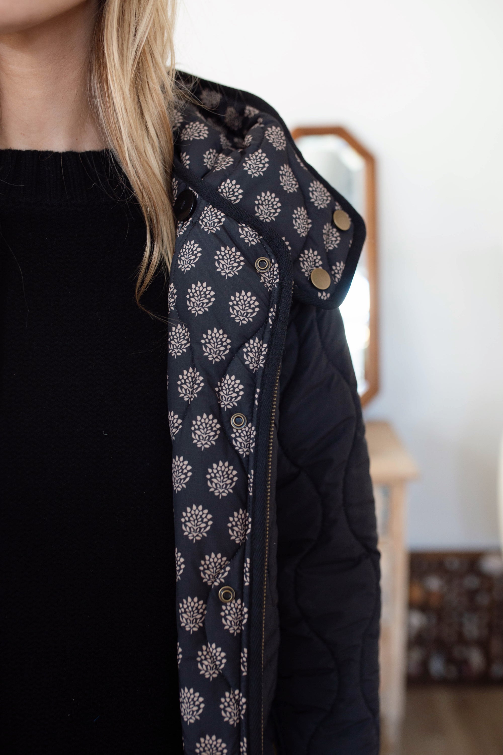 Reversible Quilted Coat - Black Mini Meadow