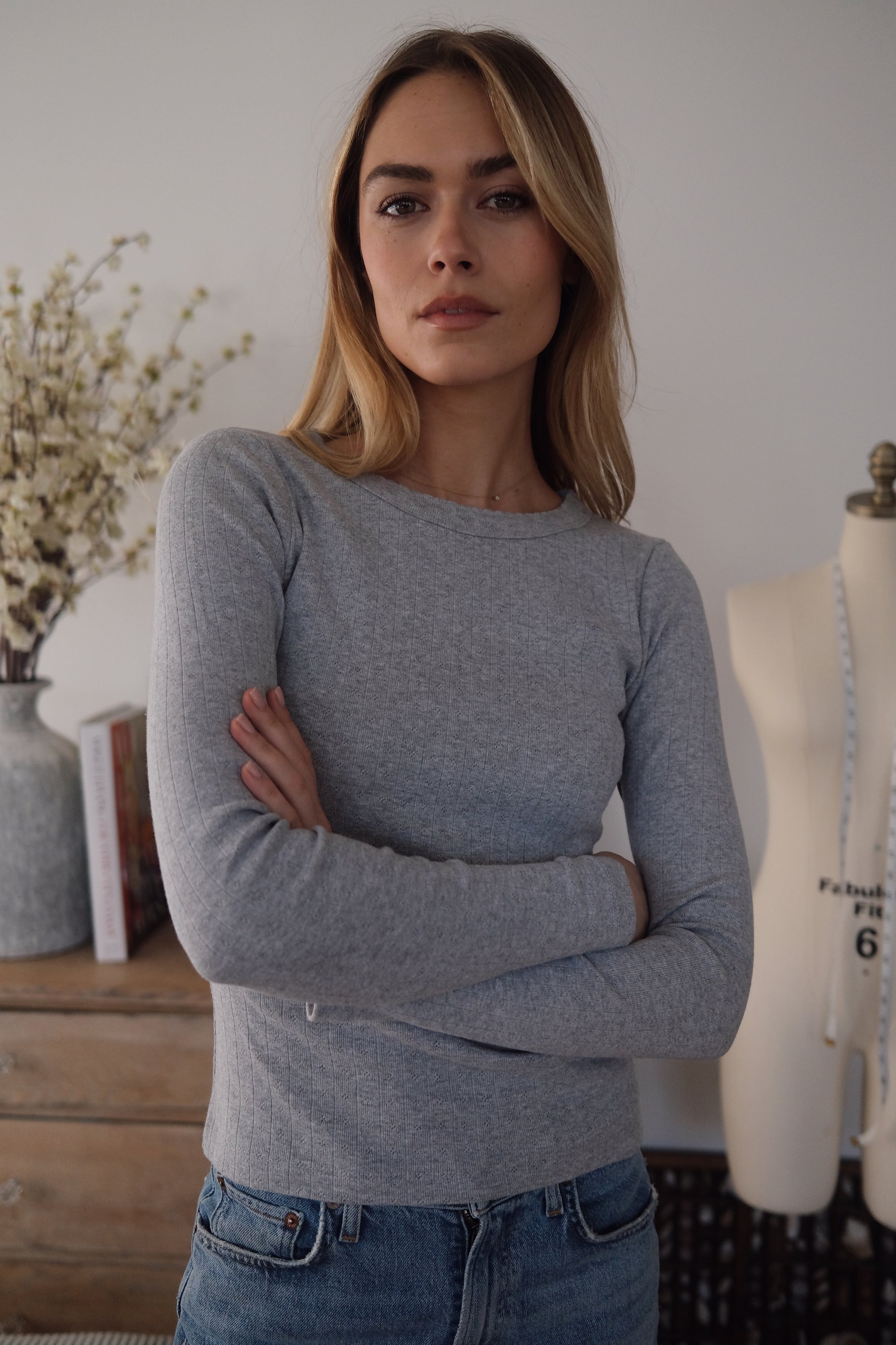 Pointelle Long Sleeve Crewneck - Grey